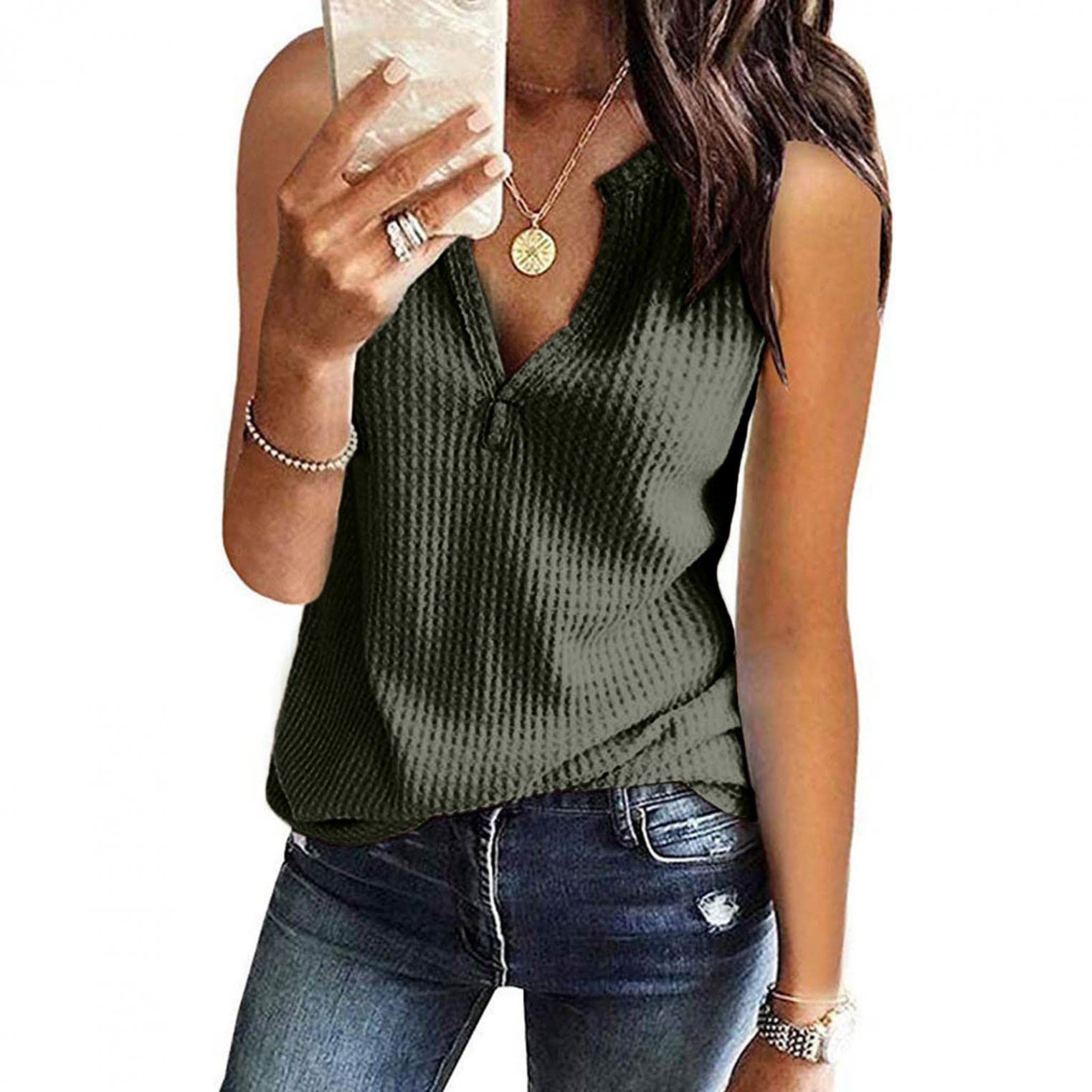 Women's Summer Waffle Knit Short Sleeve Tunic Top - Casual V Neck Henley Loose Blouse Shirt - Plus Size Comfort Wear for Beach, Vacation & Everyday Outfits