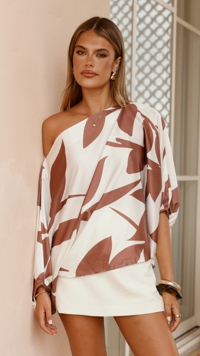 Bailey Off Shoulder Top for Women - White & Brown Cotton Blouse | Perfect for Summer, Beach, and Casual Outings