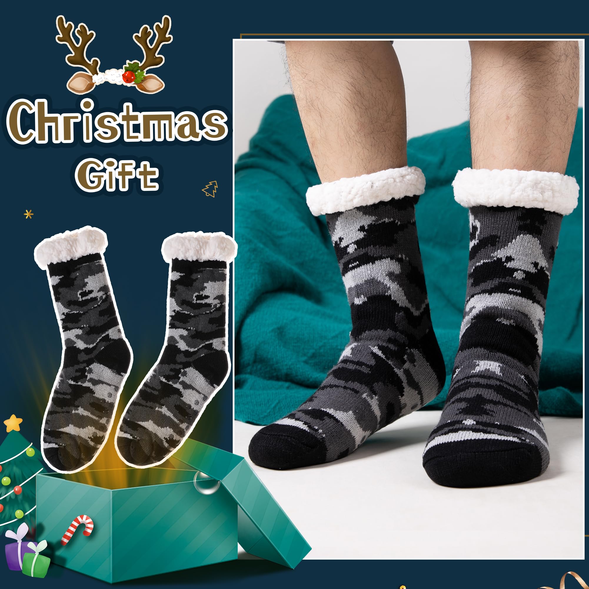 Men's Fleece Lined Thick Winter Slipper Socks - Ultra Soft Non-Slip Fuzzy House Shoes for Indoor Comfort & Warm Sleeping - Perfect for Cold Weather, Lounging at Home and Cozy Nights