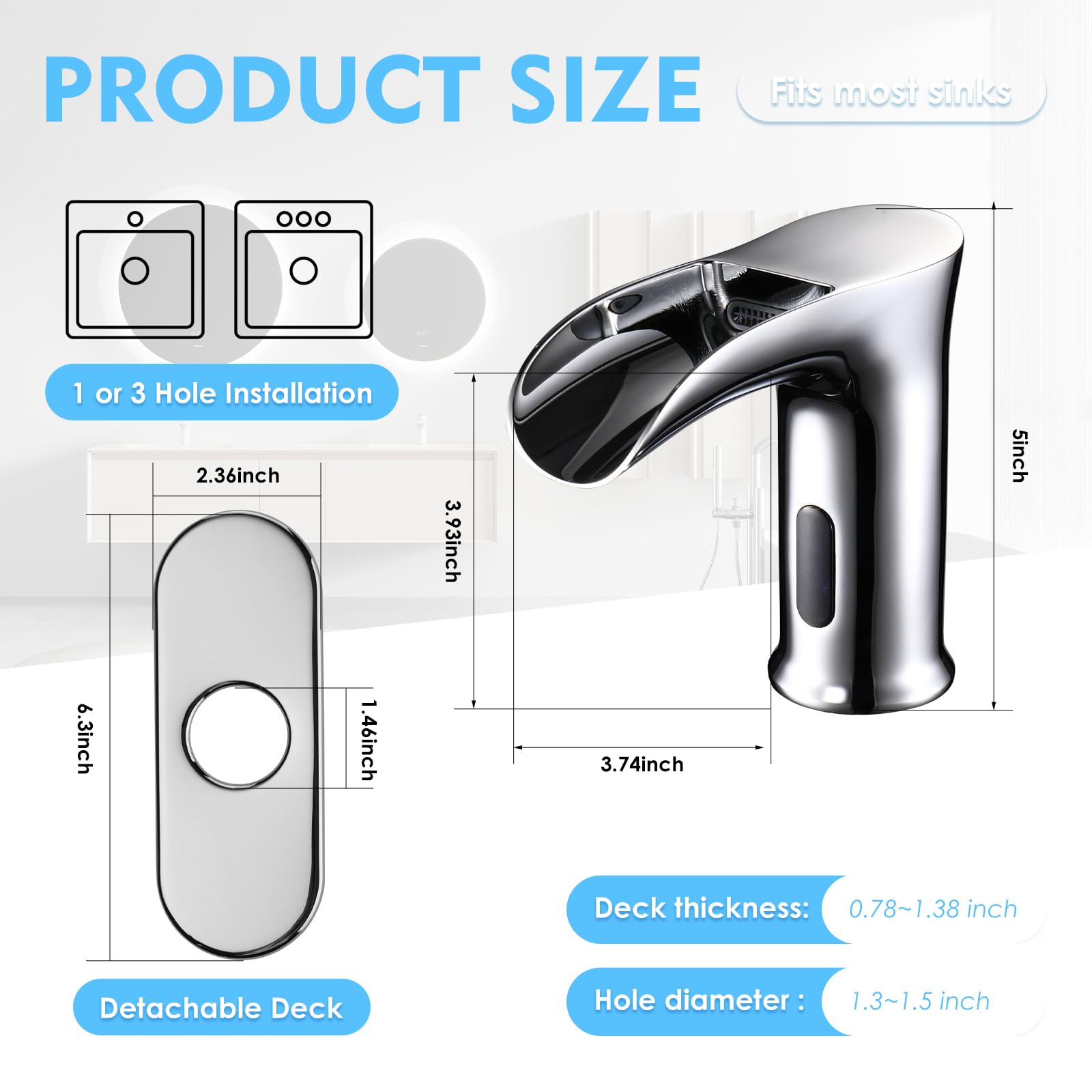 Automatic Touchless Sensor Waterfall Bathroom Sink Faucet - Modern Hands-Free Electronic Lavatory Faucet with Control Box & Temperature Mixer - Perfect for Home, Hotel, and Public Restrooms (Chrome Finish)