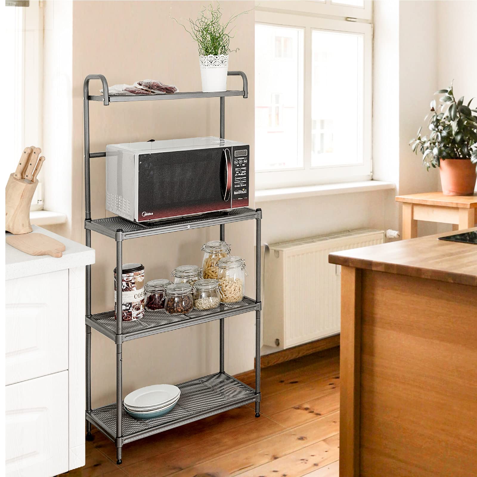 PETSITE 4-Tier Metal Baker's Rack with Microwave Stand - Kitchen Storage Shelf for Spices, Pots & Pans - Space-Saving Grey Utility Rack for Small Kitchens, Apartments & Dorm Rooms