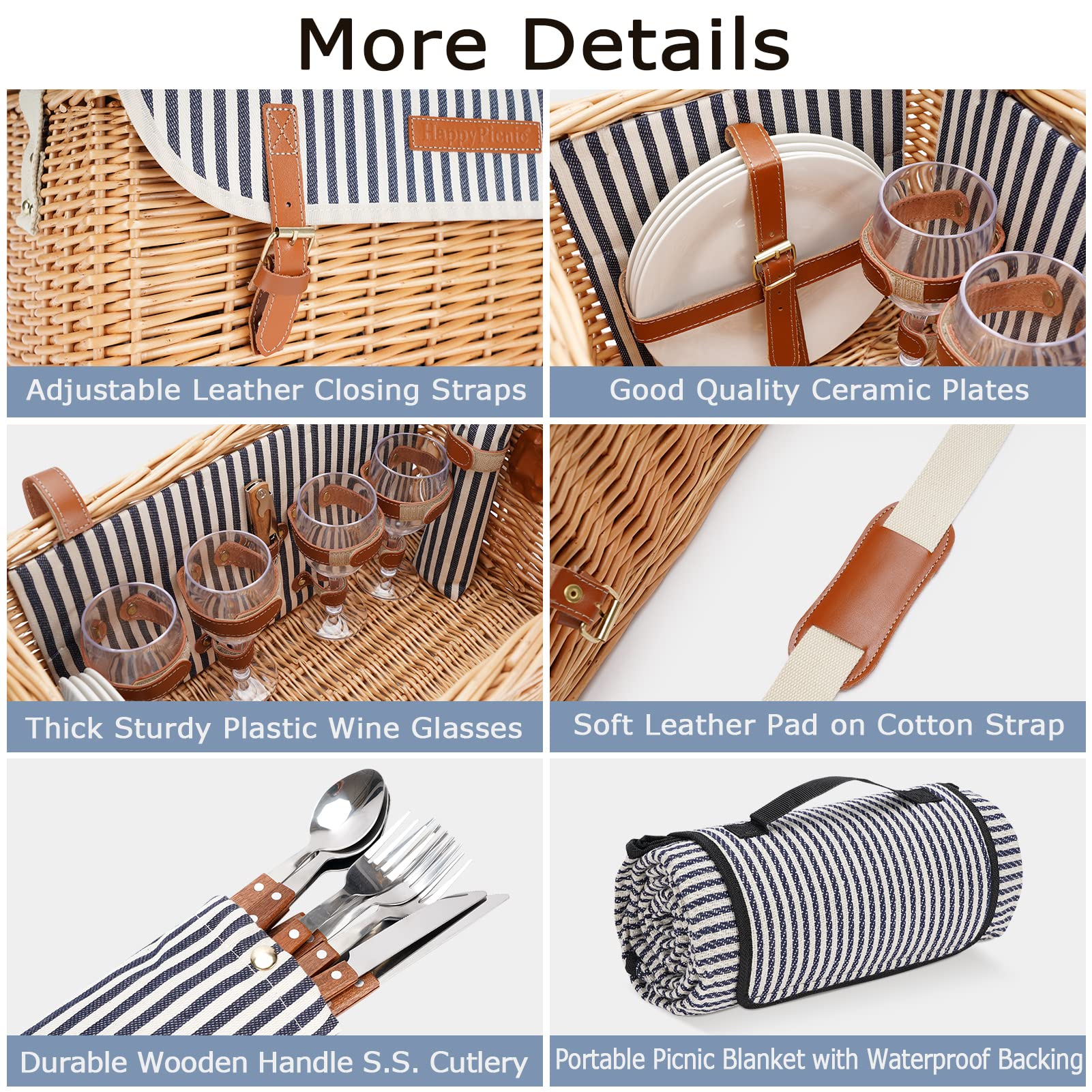 4-Person Wicker Picnic Basket Set with Blanket & Bamboo Wine Table - Portable Willow Hamper for Camping, Beach, Outdoor Parties & Romantic Dates - Perfect Picnic Gift for Couples & Families