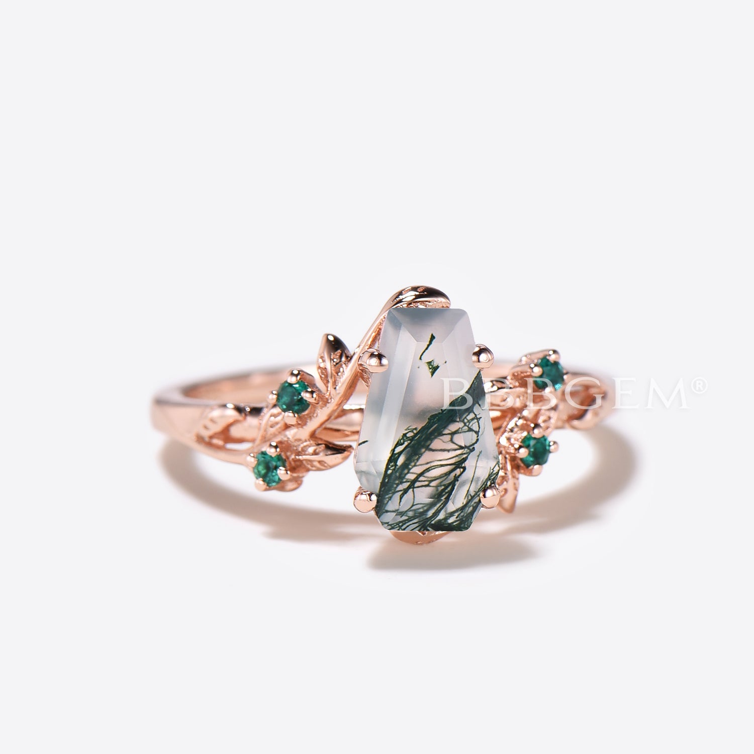 Twig Leaf Coffin Cut Moss Agate Engagement Ring - Nature Inspired Branch Wedding Band for Women, Perfect for Outdoor & Boho Chic Weddings