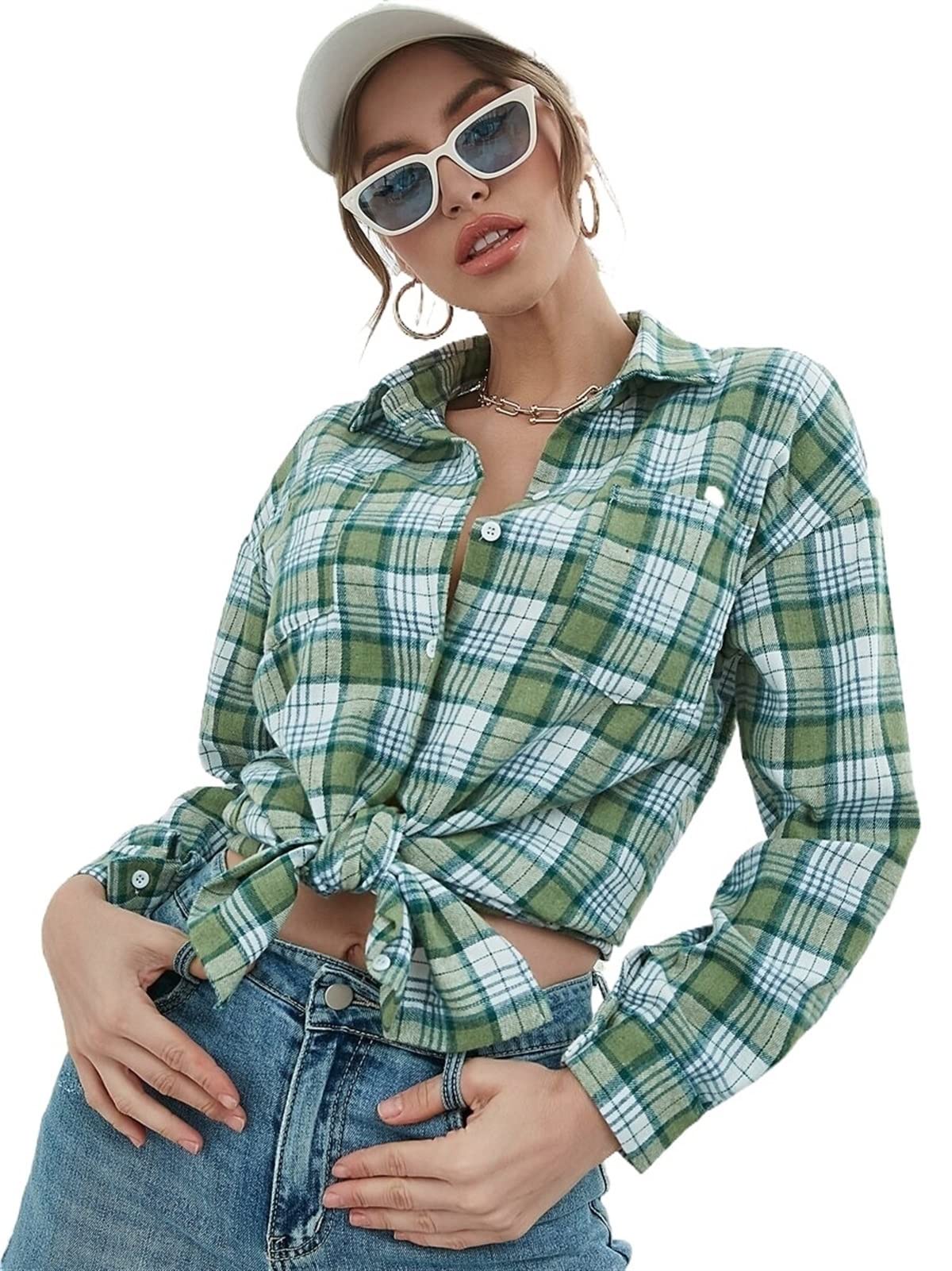 TINMIIR Women's Plaid Long Sleeve Button Up Blouse with Patched Pocket & Drop Shoulder - Casual Office Shirt for Work, Date Night & Fall Outfits