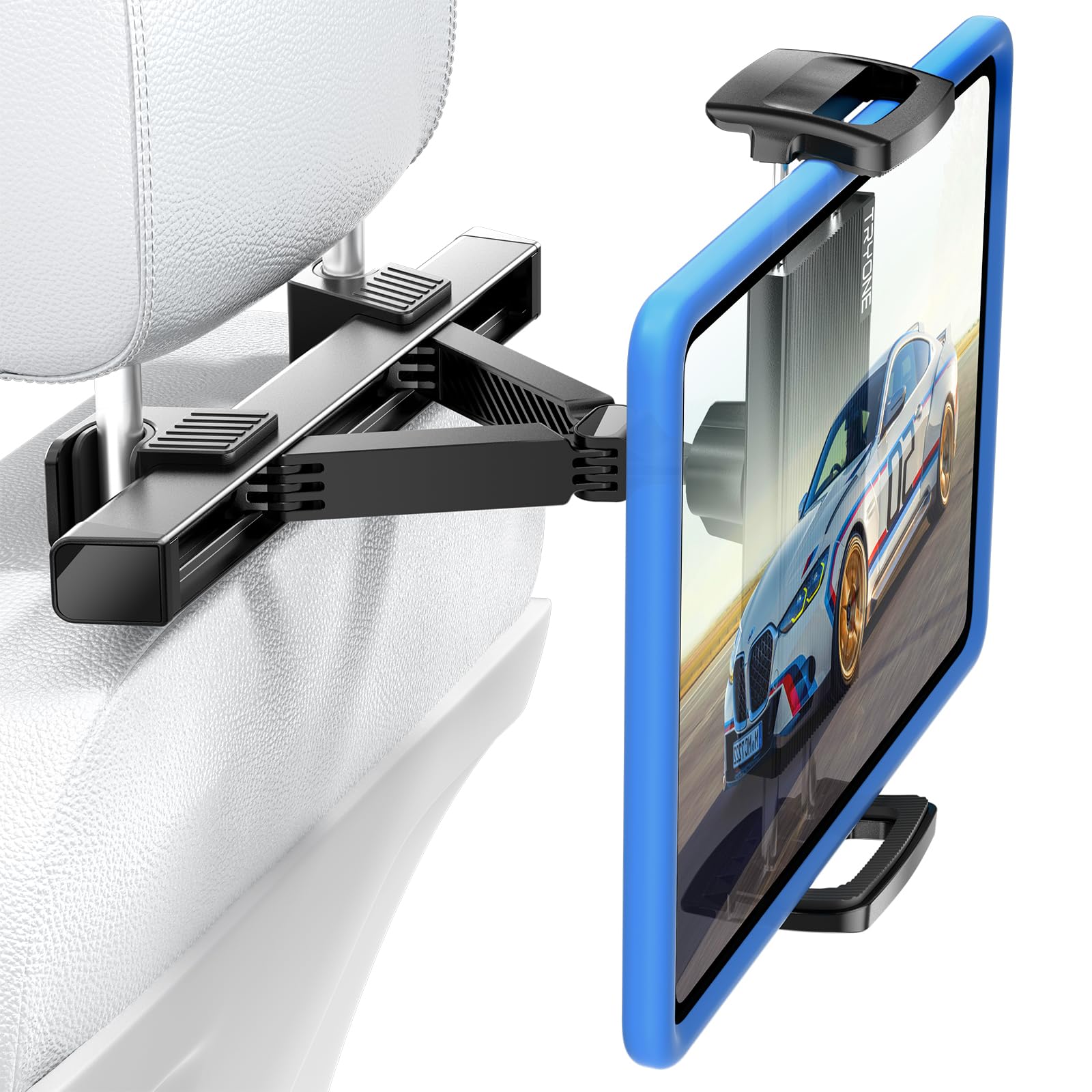 TRYONE Car Tablet Holder - Heavy Duty Carbon Steel Headrest Mount for Back Seat, Compatible with iPad Pro/Air/Mini, Samsung Galaxy, Fire HD (4.7-12.9 Inch) - Perfect for Kids Travel, Road Trips & Long Drives