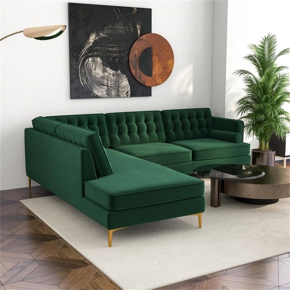 ASHCROFT Mid Century Modern Kole Forest Green Velvet Sectional Left Facing Sofa - Contemporary Living Room Furniture for Small Spaces & Apartment Decor