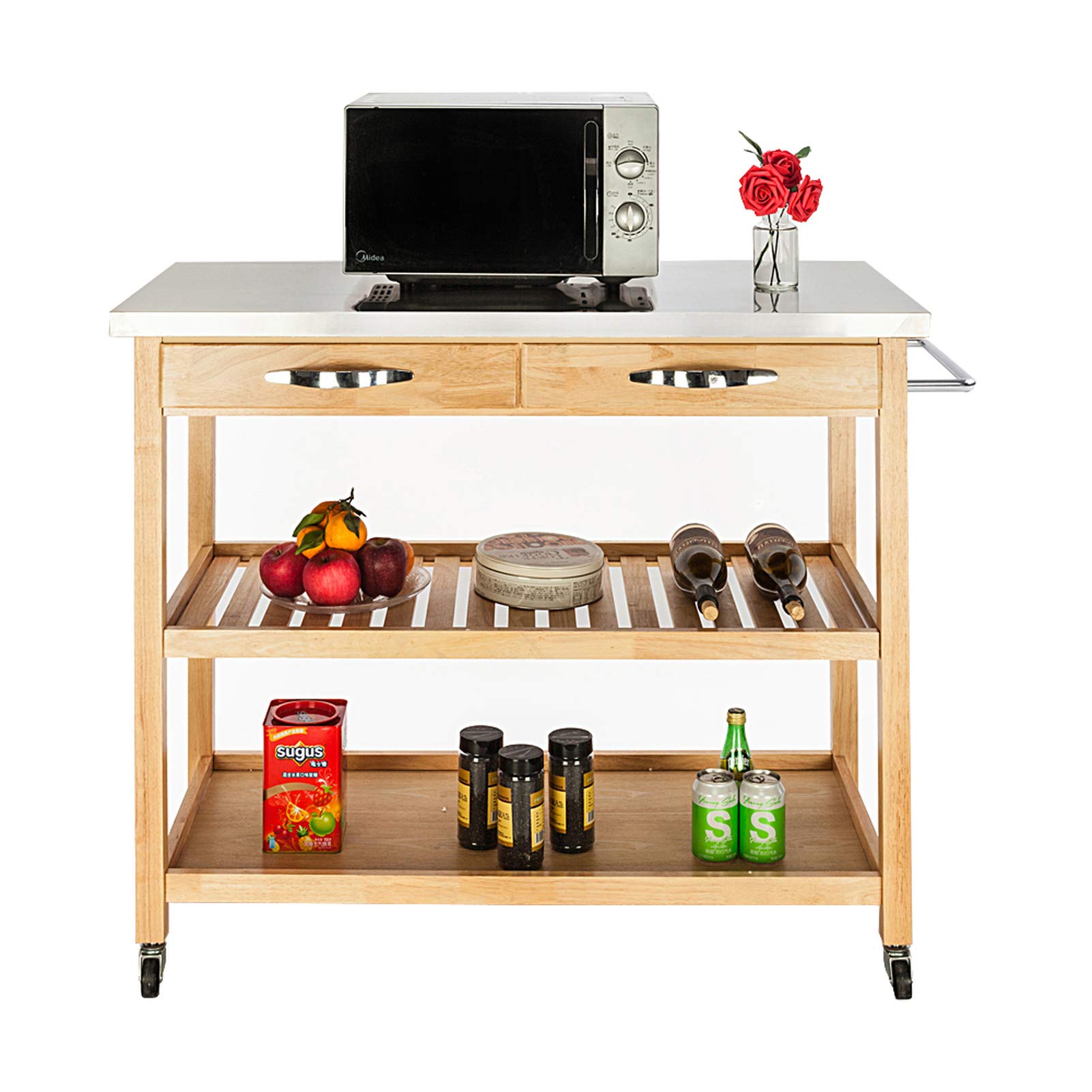 Mytunes Mobile Kitchen Cart with Stainless Steel Top, 2 Drawers & 2 Shelves - Burlywood Beige | Rolling Kitchen Island for Small Spaces, Pantry Storage & Food Prep Station
