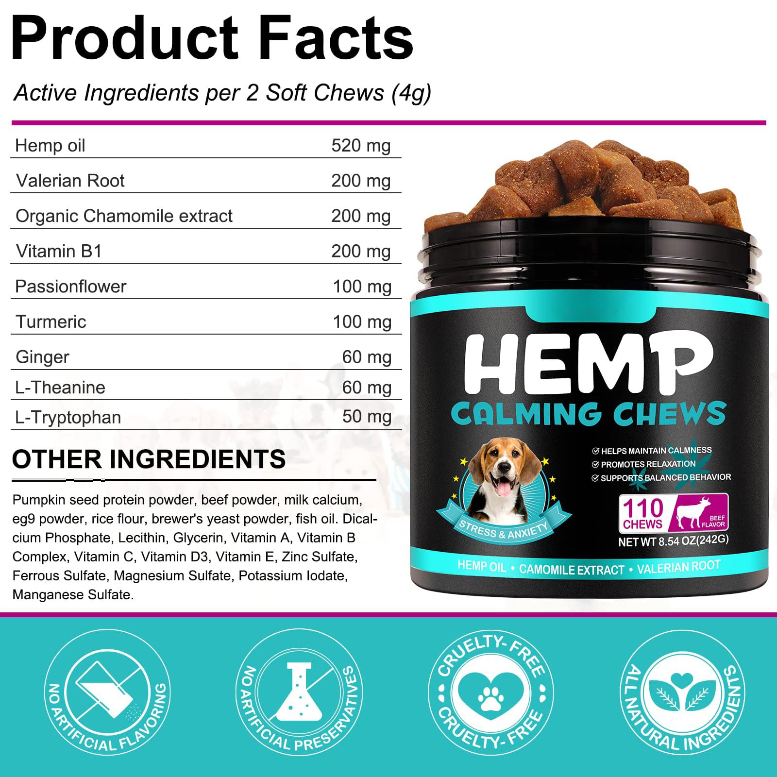Yecuce Calming Chews for Dogs - Anxiety & Stress Relief Treats with Beef Flavor (110 Count) - Helps Reduce Barking, Separation Anxiety, Thunder & Travel Stress - Perfect for Nervous Dogs During Storms, Vet Visits, and Car Rides