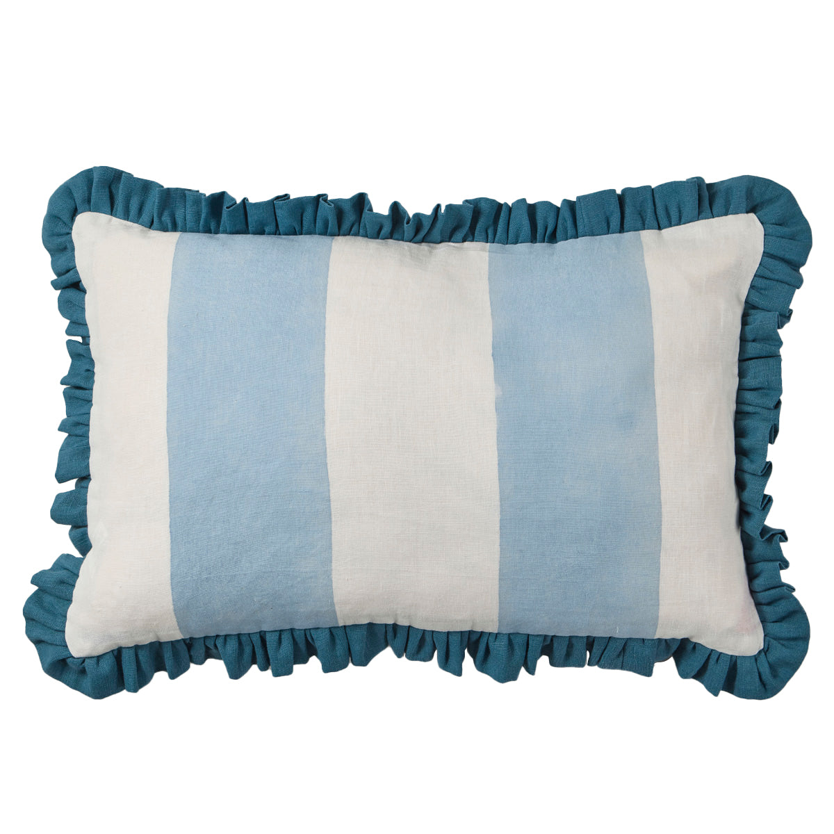 Blue Wide Stripe Cushion with Frill - Perfect for Sofa, Bed, and Home Decor