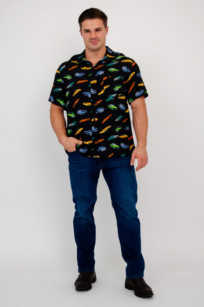 Dinosaur Print T-Shirt with Vintage Muscle Cars Design - Soft Woven Bamboo Fabric for Men & Women - Perfect for Casual Wear, Street Style, and Car Enthusiasts