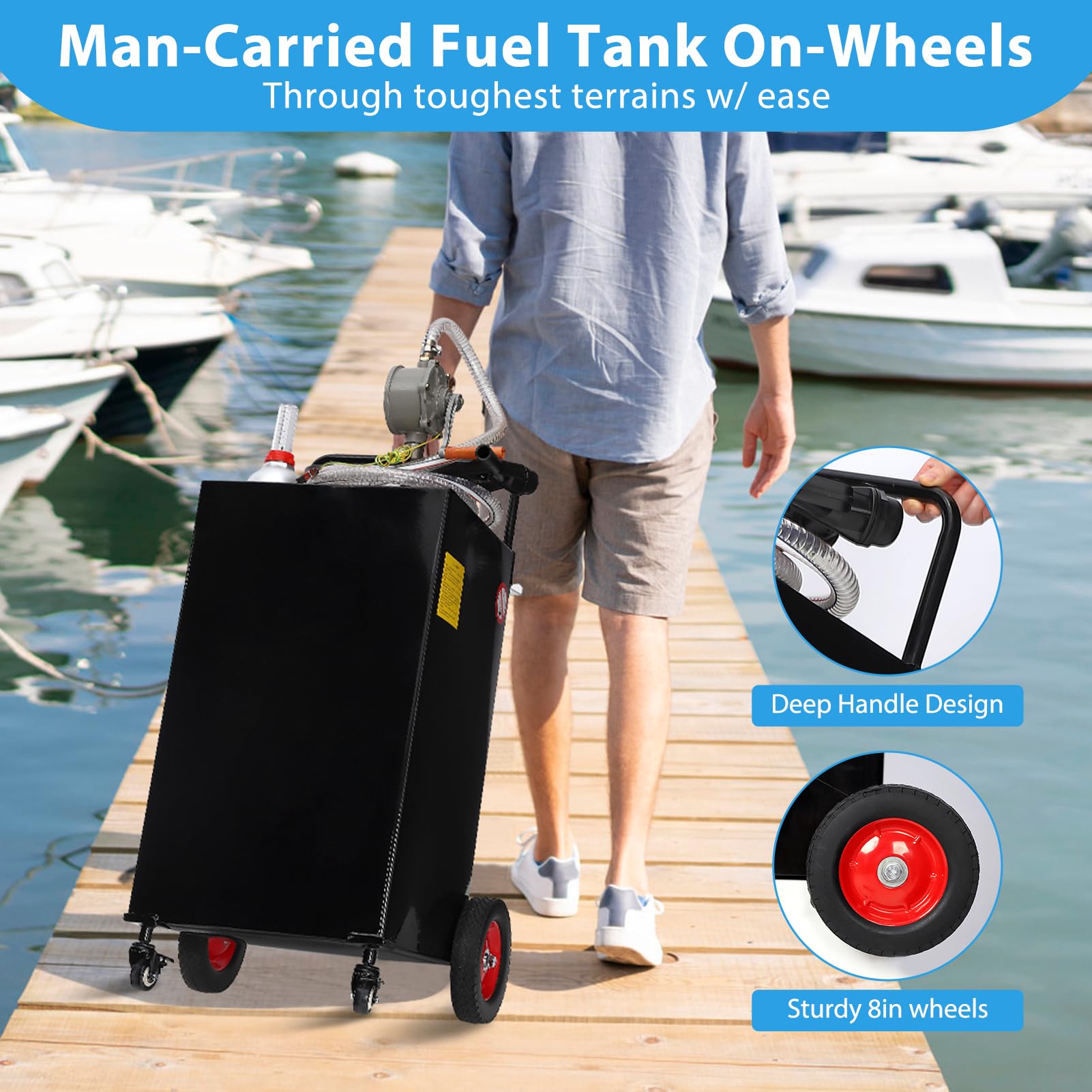 GARVEE 30 Gallon Stainless Steel Portable Fuel Caddy with Manual Pump & 4 Wheels - Heavy Duty Gasoline & Diesel Storage Tank for Construction, Farm, RV, and Emergency Use