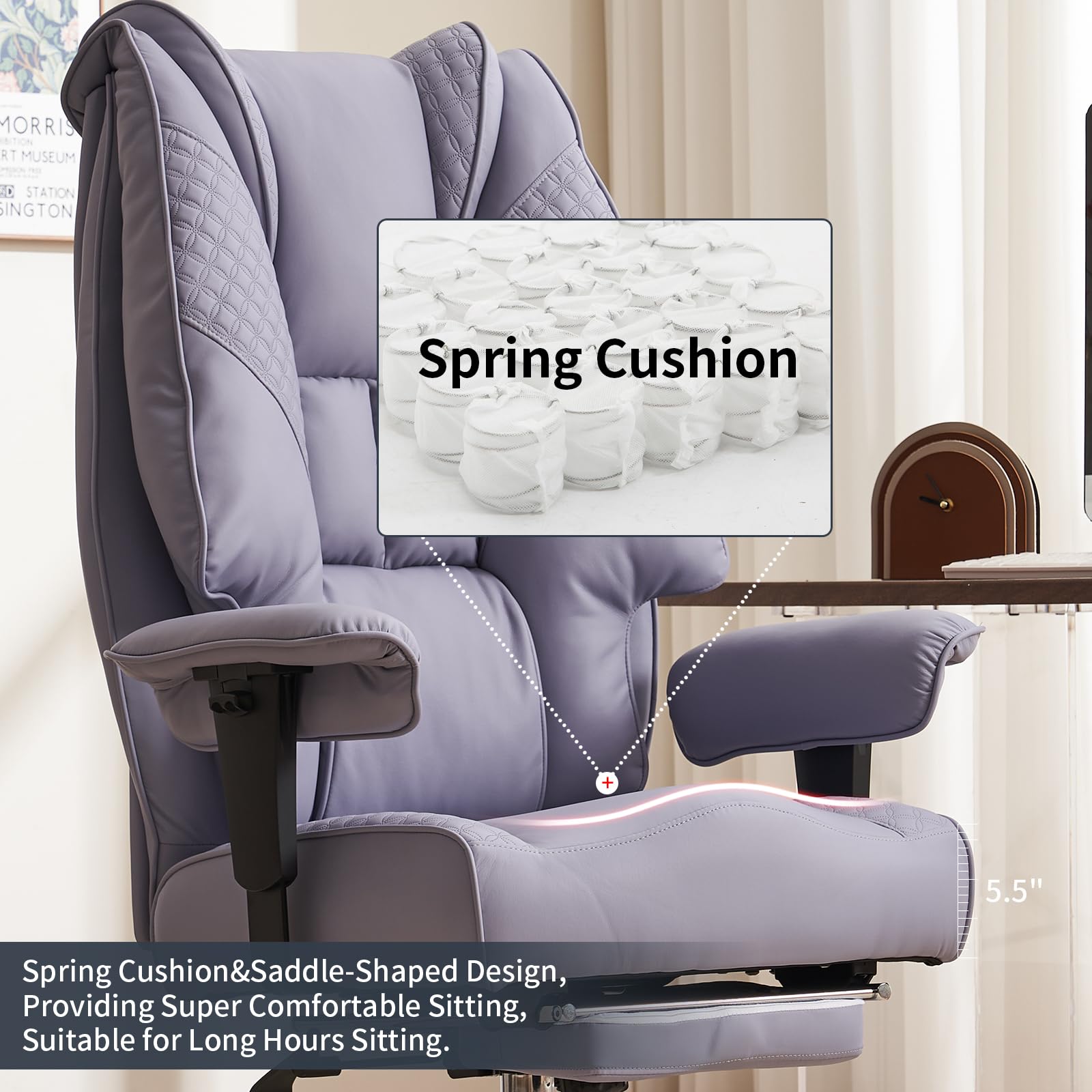 Big and Tall Office Chair 400lbs Capacity - Wide Seat Leather Executive Chair with Adjustable Footrest & Lumbar Support - Ergonomic High Back Desk Chair for Back Pain Relief (Light Purple) - Perfect for Home Office, Gaming, and Long Work Sessions