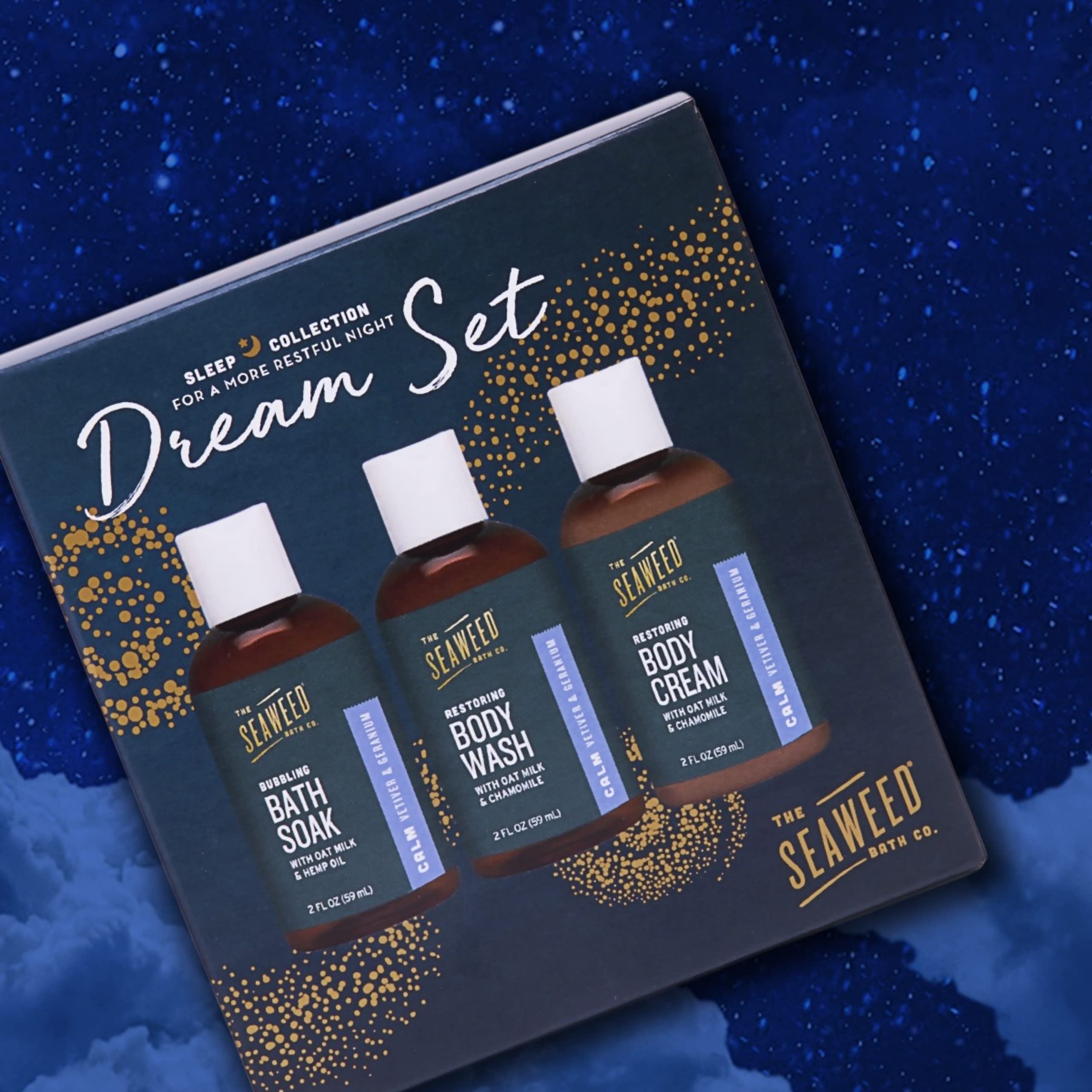 The Seaweed Bath Co. Sleep Body Wash, Body Cream & Bath Soak Gift Set - Calming Vetiver & Geranium Scent | Vegan, Paraben-Free, 6 fl oz | Relaxing Nighttime Bath Routine for Better Sleep