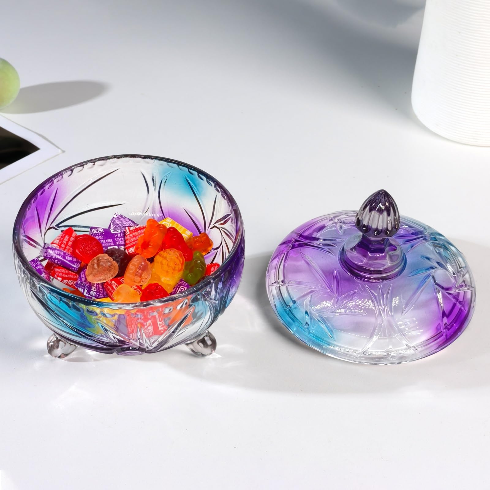 Purple Embossed Glass Candy Jar with Lid - Decorative Candy Dish for Office Desk, Coffee Table, Cookie Buffet & Food Storage | Perfect for Parties, Home Decor & Gift Giving