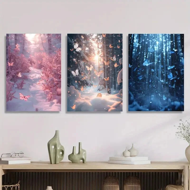 3Pcs Butterfly Poster in Forest - Blue & Pink Metal Print Wall Art Ready to Hang - Perfect for Living Room, Bedroom & Office Decor