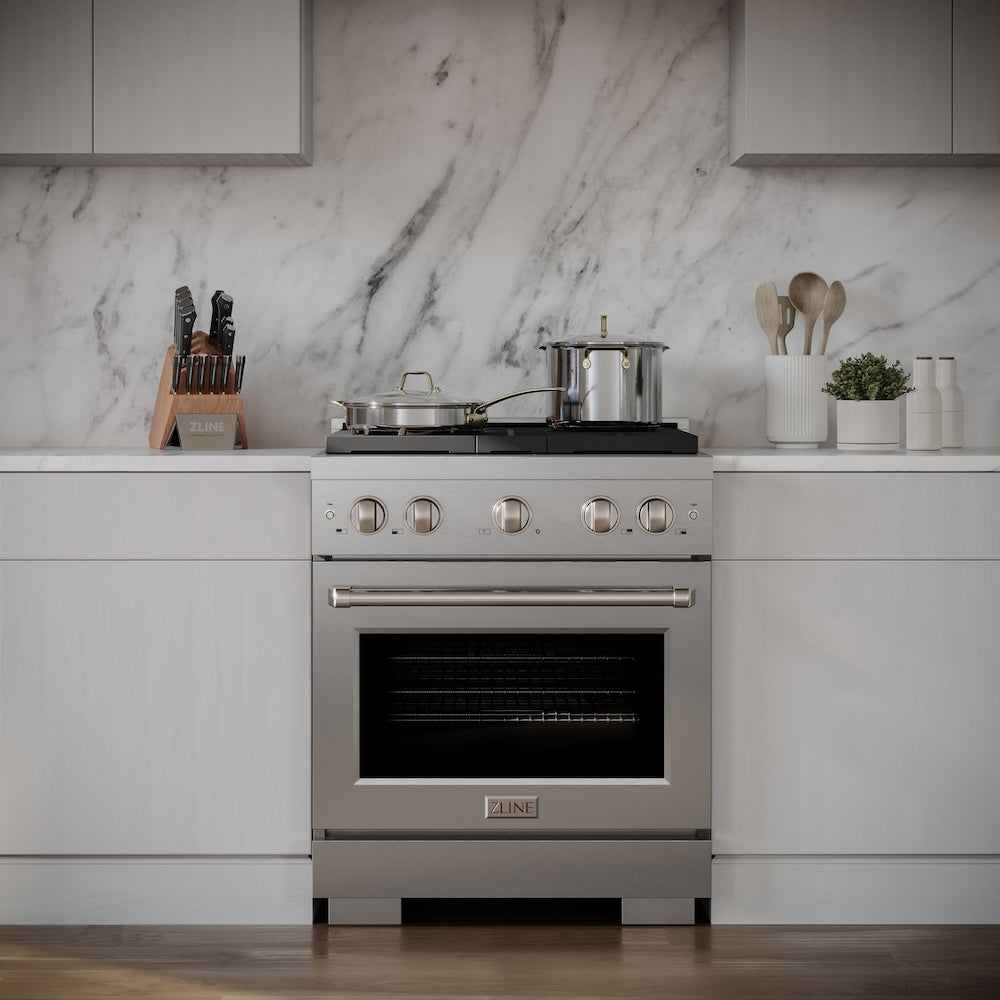 ZLINE 30-inch 4.2 cu.ft Stainless Steel Dual Fuel Range - Gas Cooktop & Electric Convection Oven with 4 Brass Burners (SDR BR 30) | Perfect for Modern Kitchens & Professional Cooking