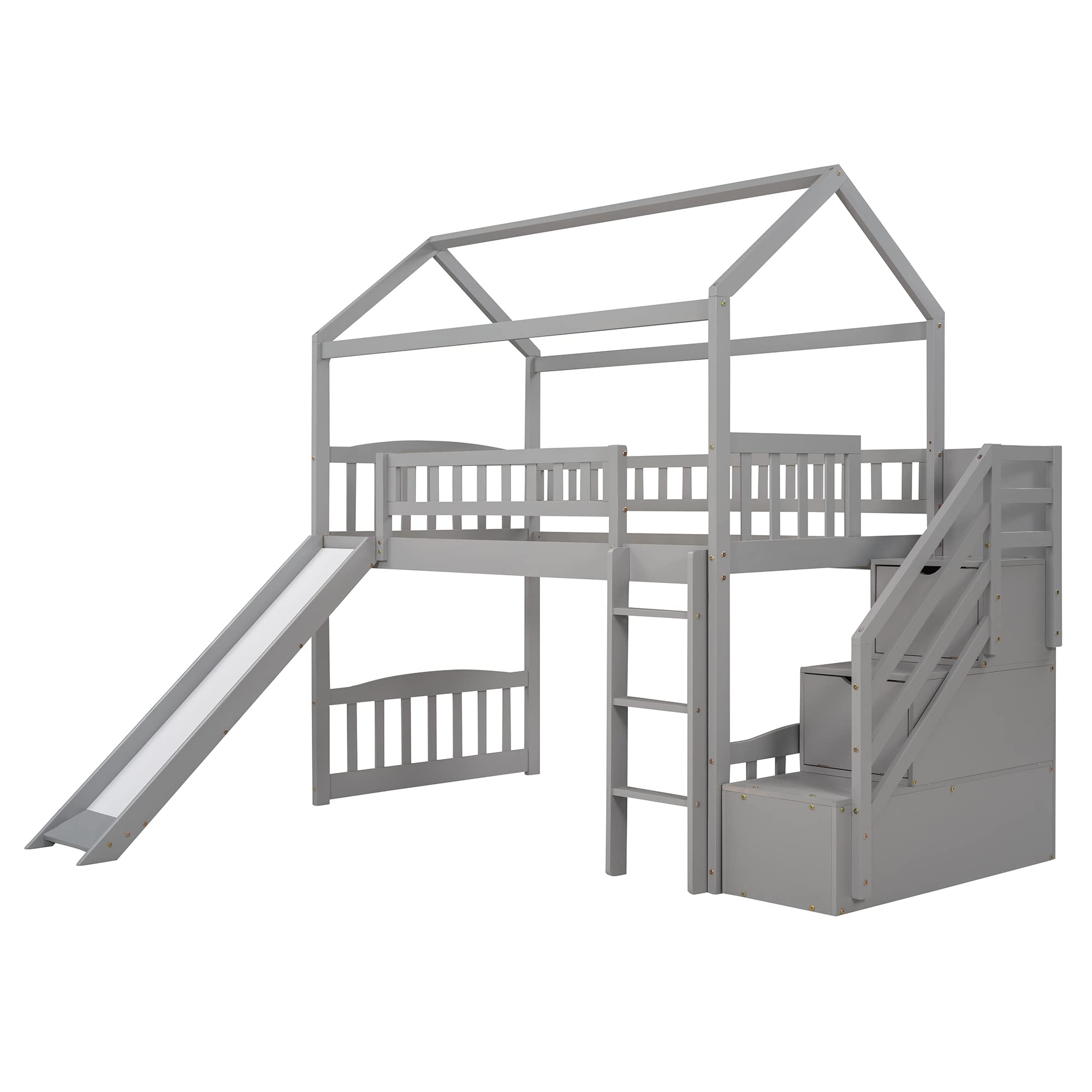 **Wooden Loft Bed with Stairway & Storage Drawers - Twin Size Kids Playhouse Loft Bed with Slide (Grey) - Perfect for Small Bedrooms, Playrooms & Kids' Sleepovers**