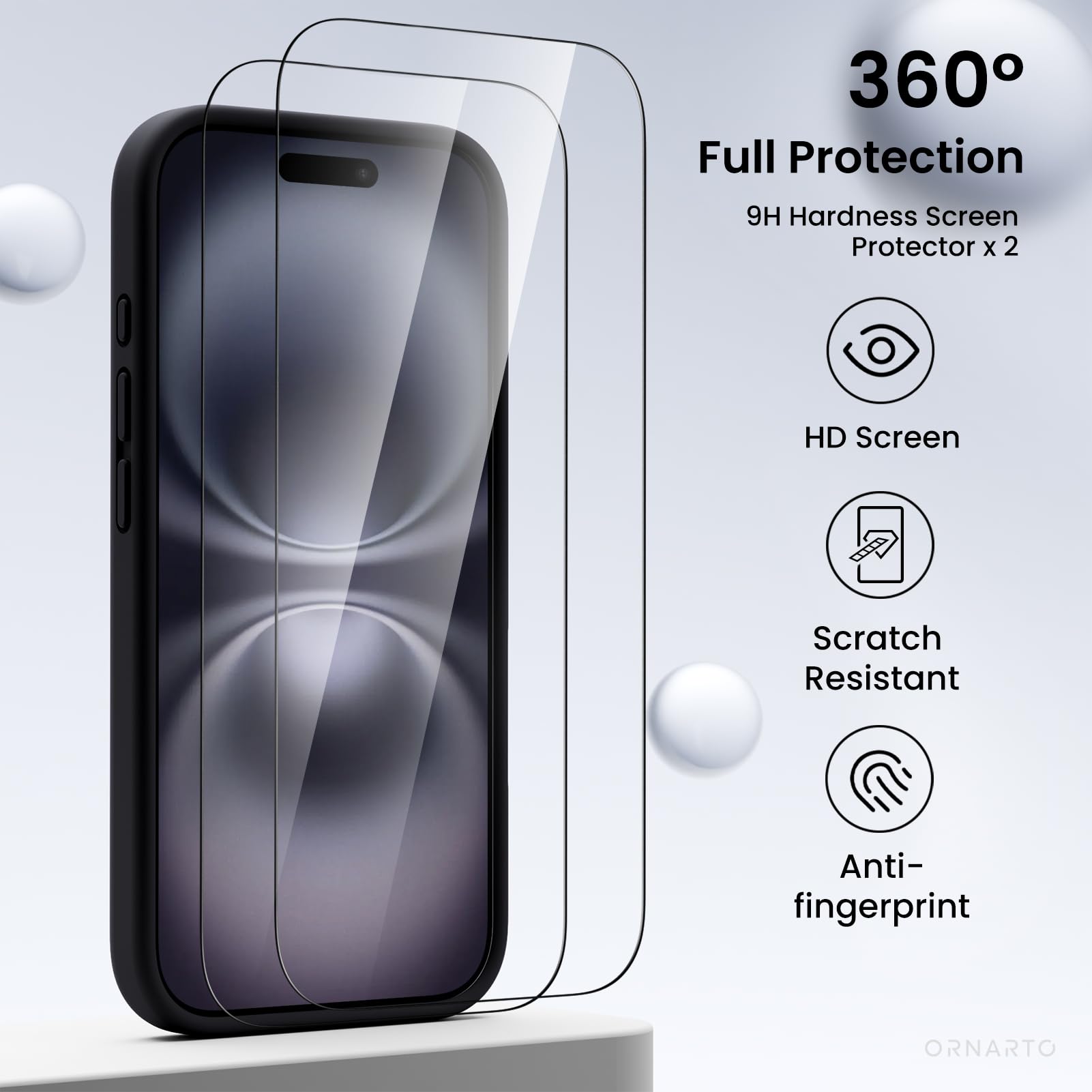 ORNARTO Shockproof Liquid Silicone iPhone 16 Case with 2 Screen Protectors - Durable Drop Protection Gel Rubber Phone Cover for iPhone 16 (Black) - Perfect for Outdoor Activities, Travel & Daily Use