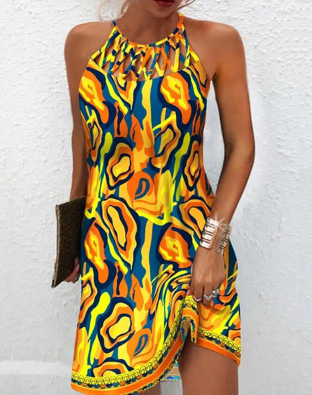 Stylish Women's Sleeveless Mini Dress - 2023 Summer Abstract Print Hollow-Out Casual Dress for Vacation & Beach Wear | Perfect for Parties, Dates & Outdoor Events