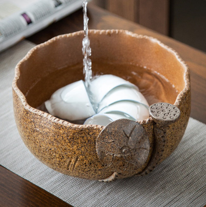 Handmade Coarse Pottery Lotus Tea Washer - Ceramic Tea Cup Cleaner for Loose Leaf & Matcha - Perfect for Tea Ceremonies, Zen Meditation & Japanese Tea Sets