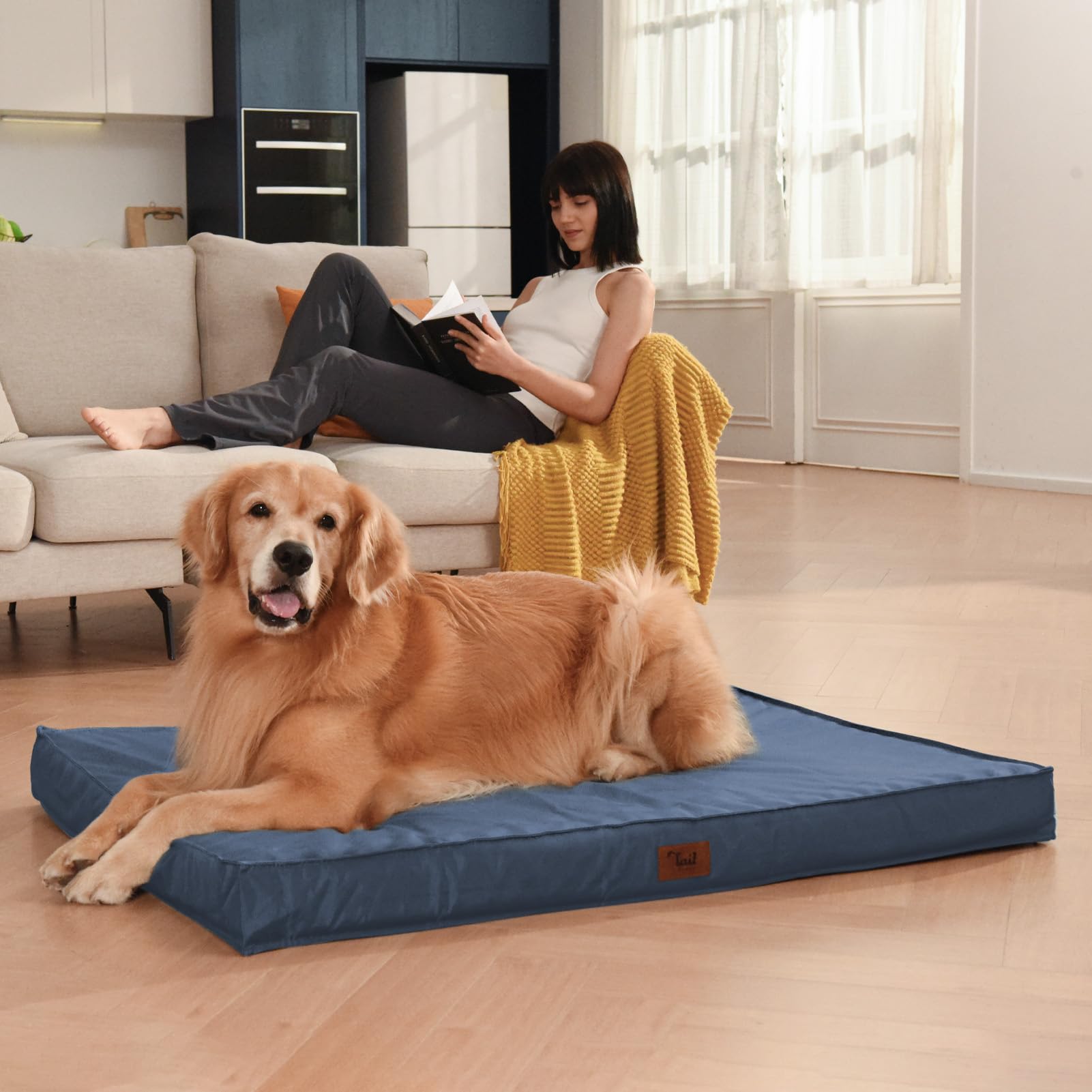 XL Waterproof Orthopedic Dog Bed for Large Dogs - Egg Foam Pet Bed with Removable Washable Oxford Cooling Cover (Navy Blue) - Perfect for Outdoor, Kennel & Indoor Use