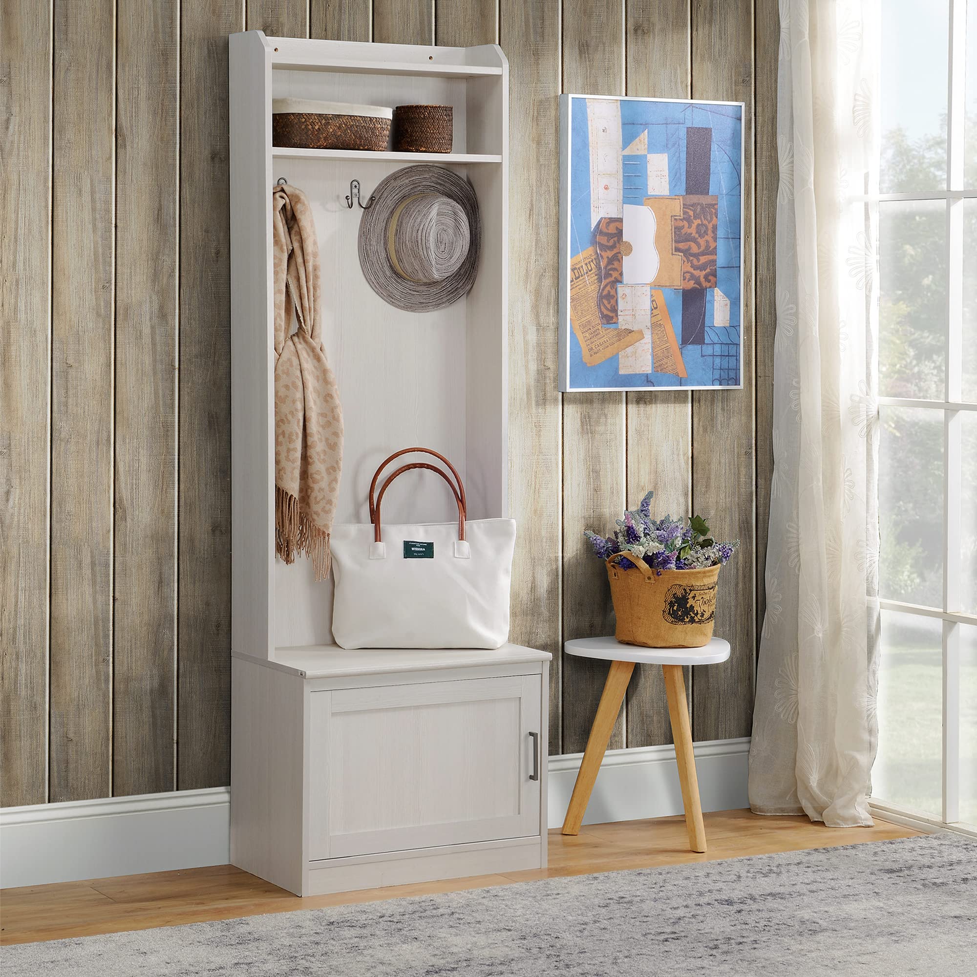 HOMCOM Narrow Hall Tree with Shoe Storage Bench - Rustic Entryway Coat Rack with Shelves for Hallway, Mudroom & Foyer - White Wood Grain Finish for Home Organization & Space Saving