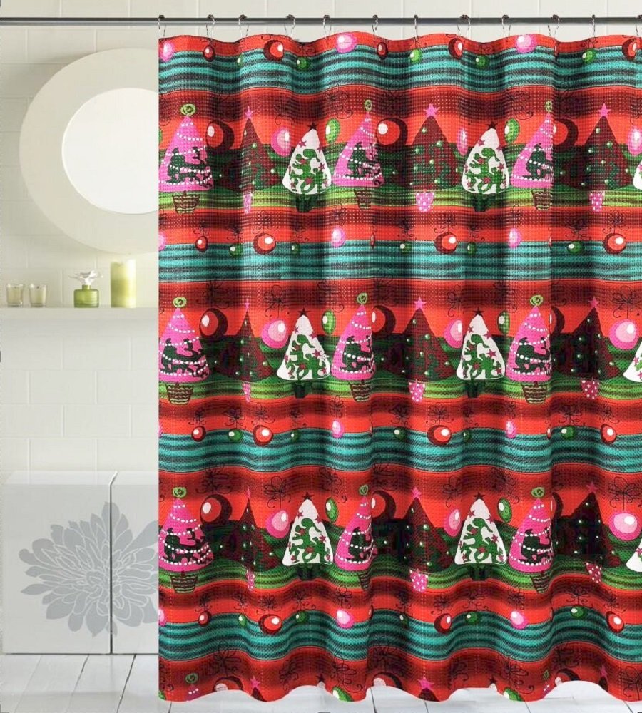 BH Home & Linen Christmas Themed 13-Piece Waffle Weave Shower Curtain Set with Roller Hooks - Santa & Trees Holiday Bathroom Decor for Festive Season