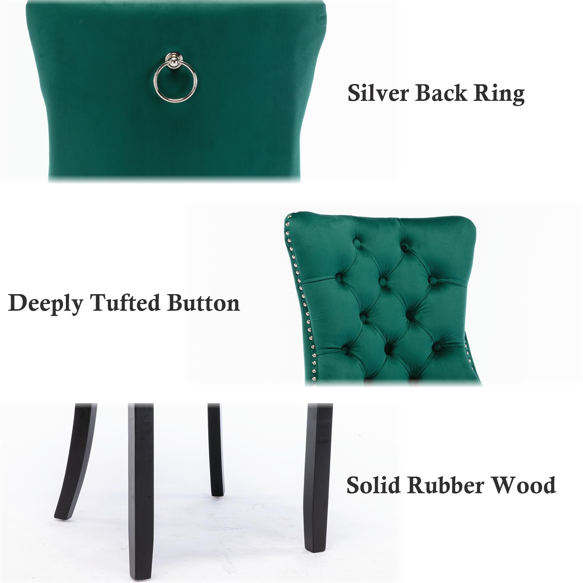 Rhomtree Set of 2 Velvet Dining Chairs - Luxury Tufted Back with Nailhead Trim, Solid Rubber Wood Legs - Emerald Green Accent Chairs for Kitchen, Dining Room & Home Decor