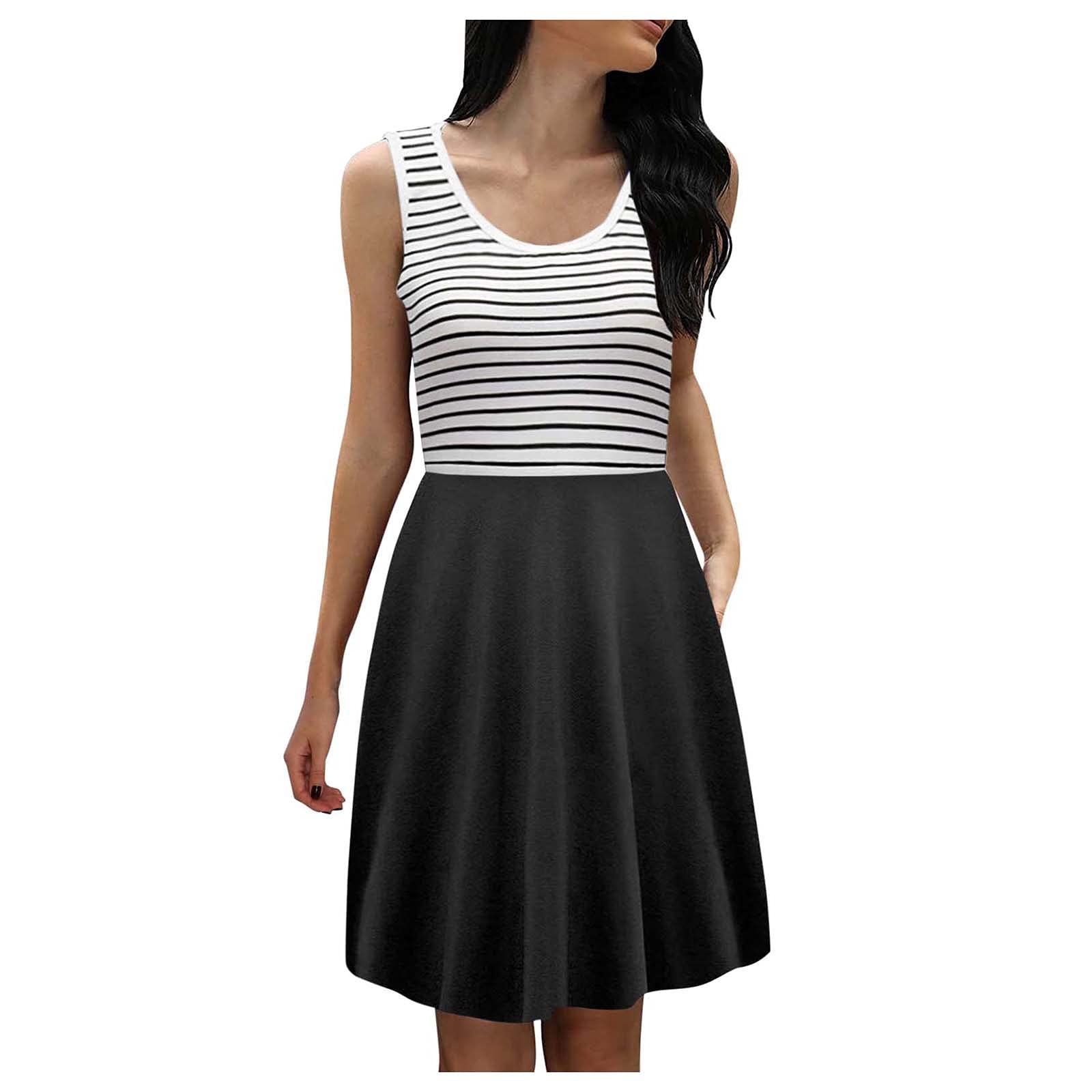 UNIROSE Women's Elegant Round Neck Striped Print A-Line Mini Tank Dress - Slim Fit Casual Summer Dress for Women | Perfect for Beach, Party & Daily Wear