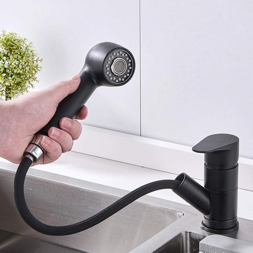 Brass Pull-Out Kitchen Faucet with 2 Spray Modes - Hot & Cold Water, Low Profile Retractable Design for Inward Opening Windows - Matte Black Finish | Perfect for Modern Kitchens & Small Spaces