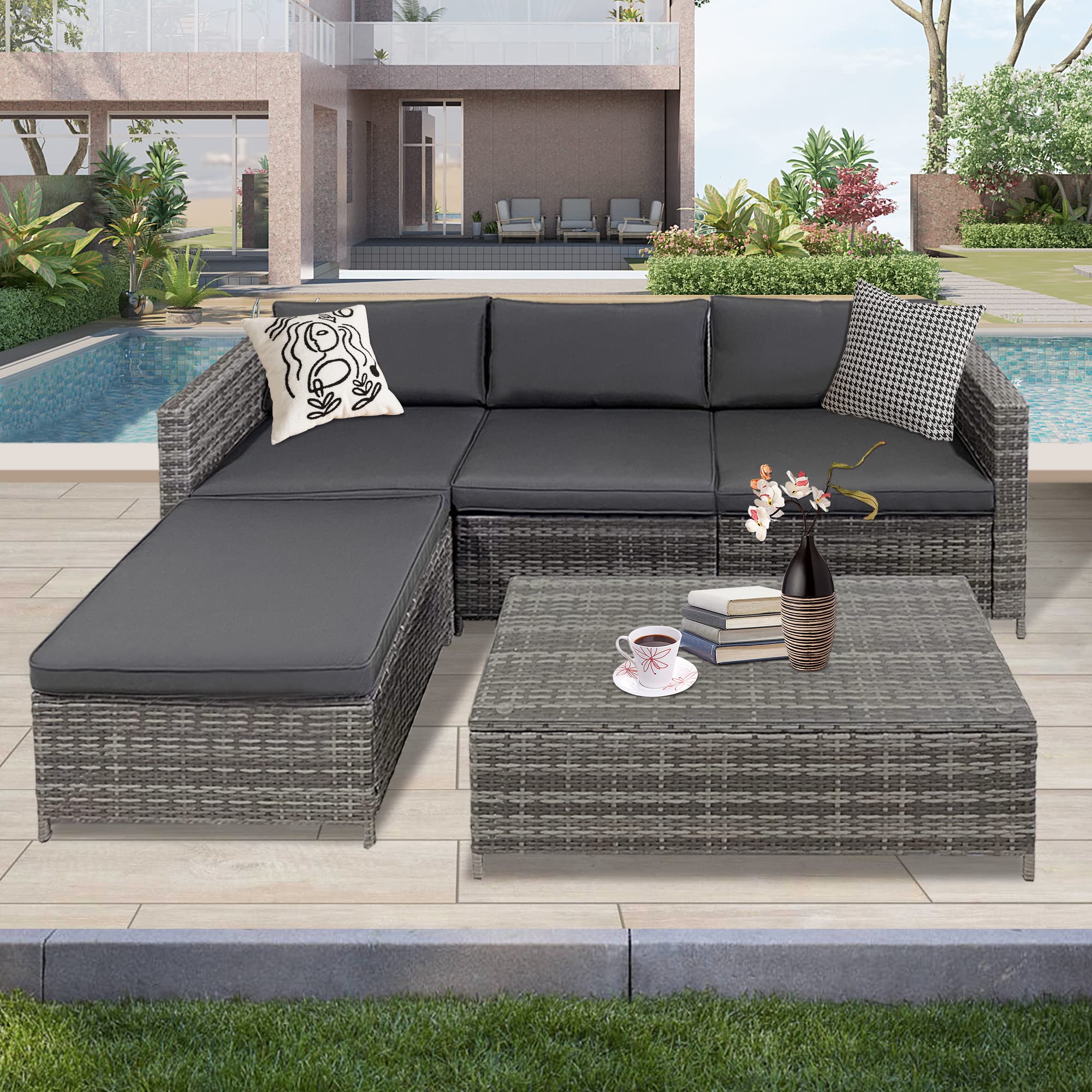 Green4ever 5-Piece All-Weather Outdoor Patio Furniture Set - Dark Gray PE Wicker Sectional Sofa with Glass Table & Removable Cushions - Perfect for Backyard, Garden, Porch, and Poolside Relaxation