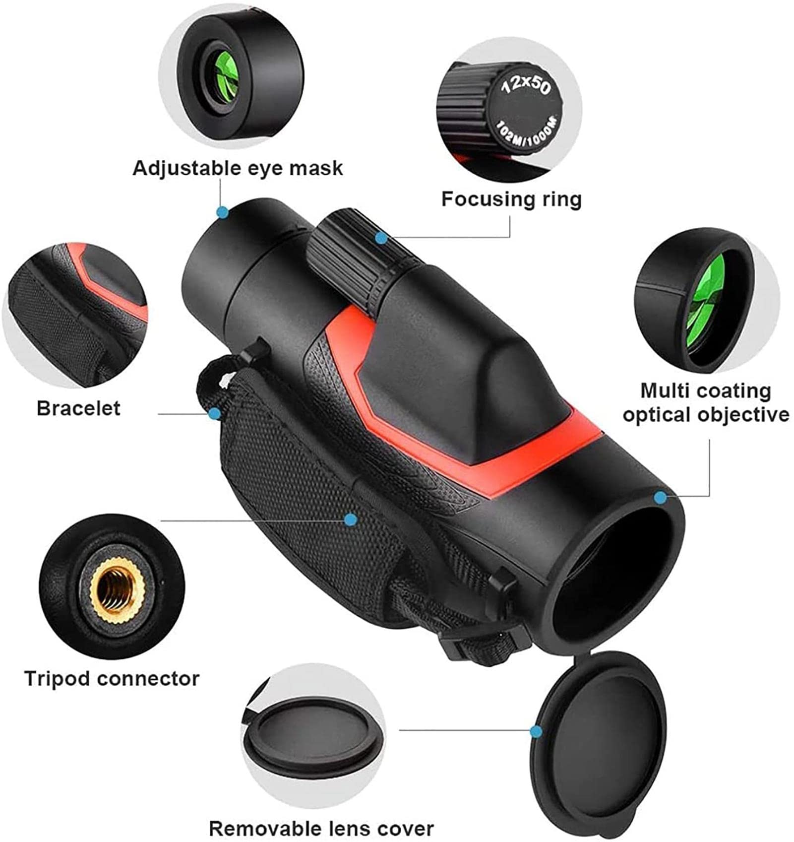 12x50 High Power Monocular Telescope with Smartphone Adapter & Tripod - Waterproof HD Monocular for Bird Watching, Hunting, Camping, Travel, and Outdoor Adventures - Perfect for Adults and Kids