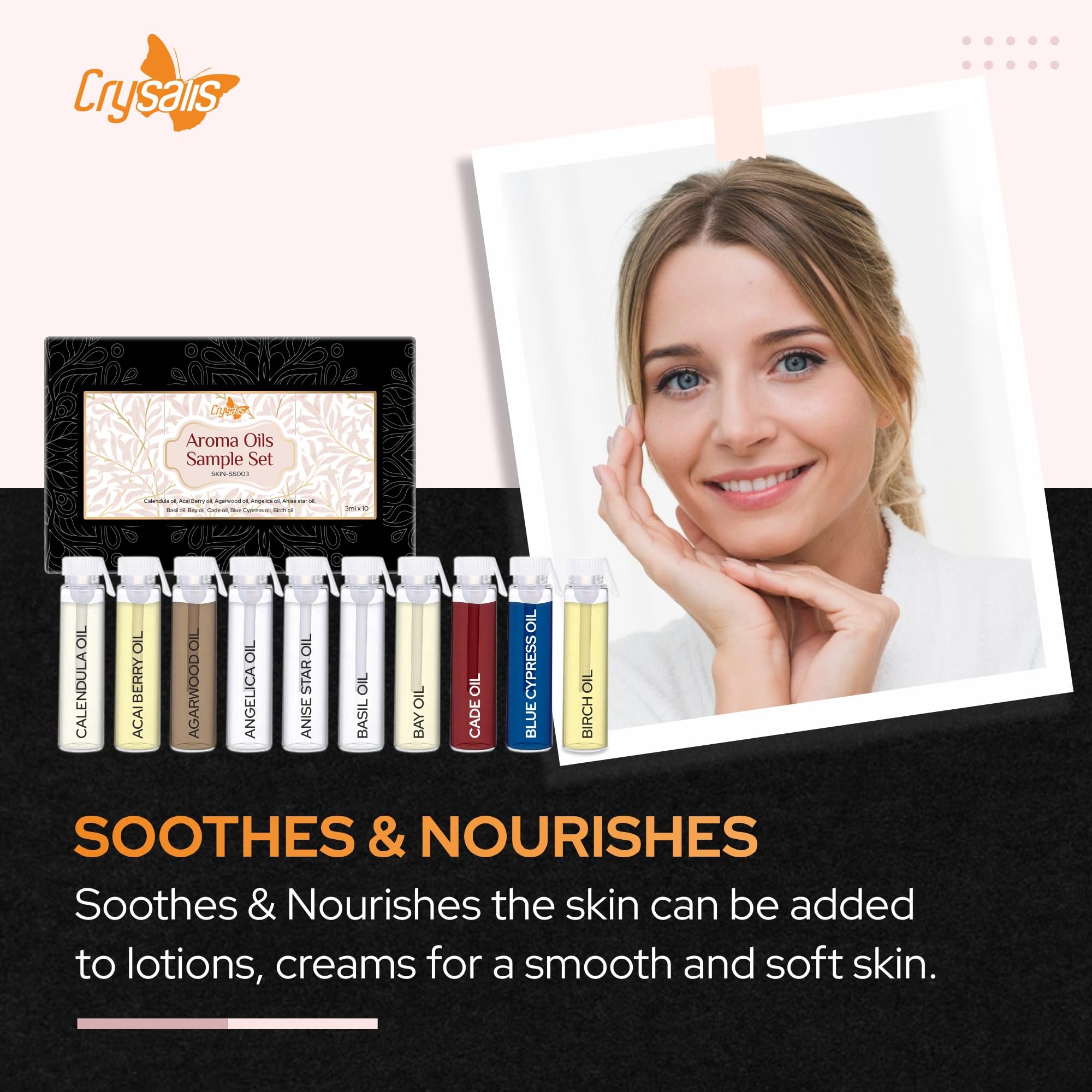 Premium Crysalis Skin Care Essential Oils Set - 10x3ml Bottles (Calendula, Acai Berry, Agarwood, Angelica & More) for Aromatherapy, Massage & DIY Beauty Products