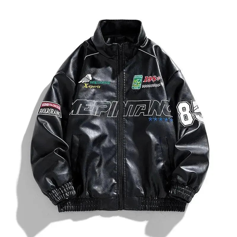 Men's Casual Letter Embroidered Genuine Leather Jacket - Stylish Biker Jacket for Everyday Wear, Motorcycle Riding & Outdoor Adventures