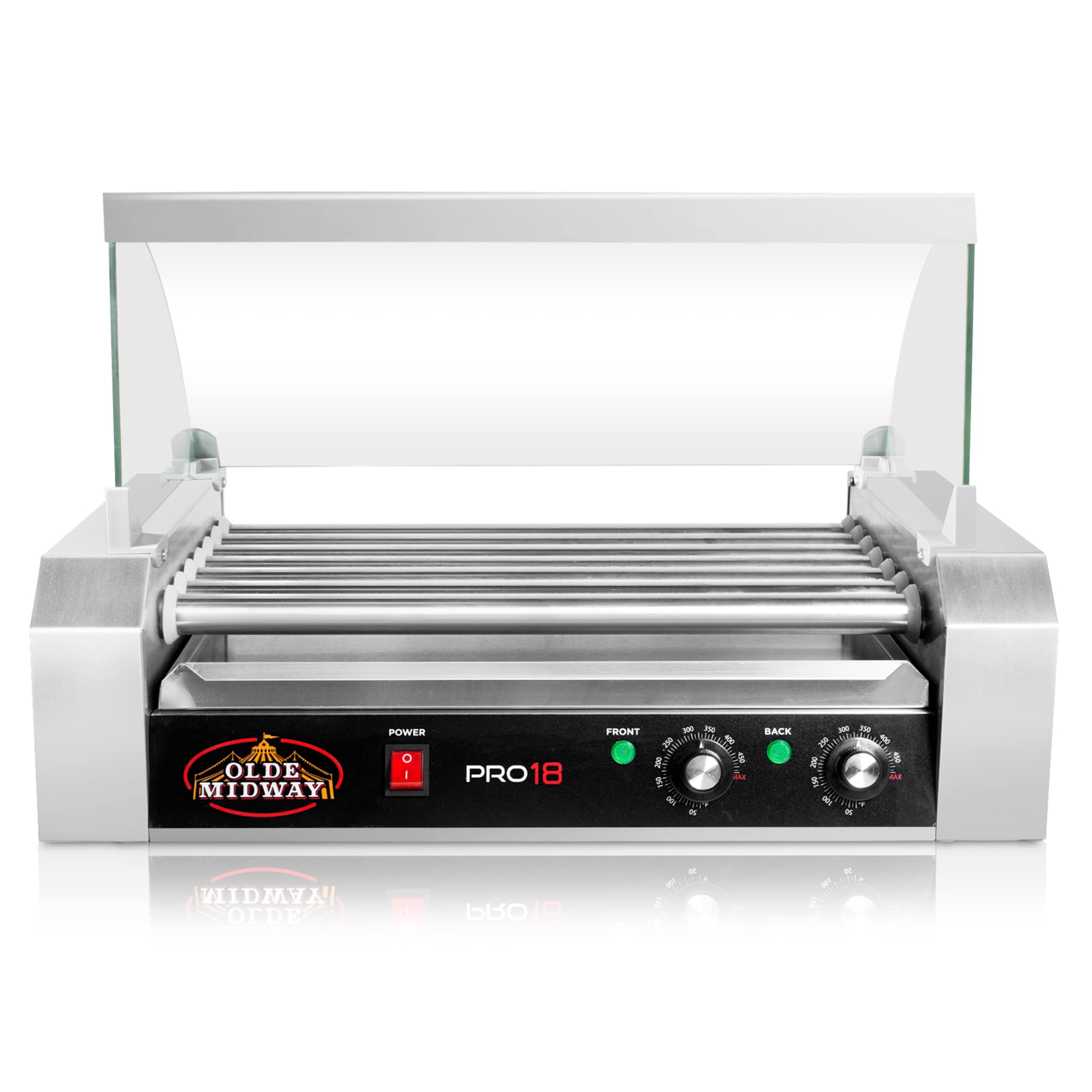Olde Midway Electric 18 Hot Dog 7 Roller Grill Cooker Machine with Cover 900W - Commercial Grade Hot Dog Warmer for Restaurants, Convenience Stores & Food Trucks