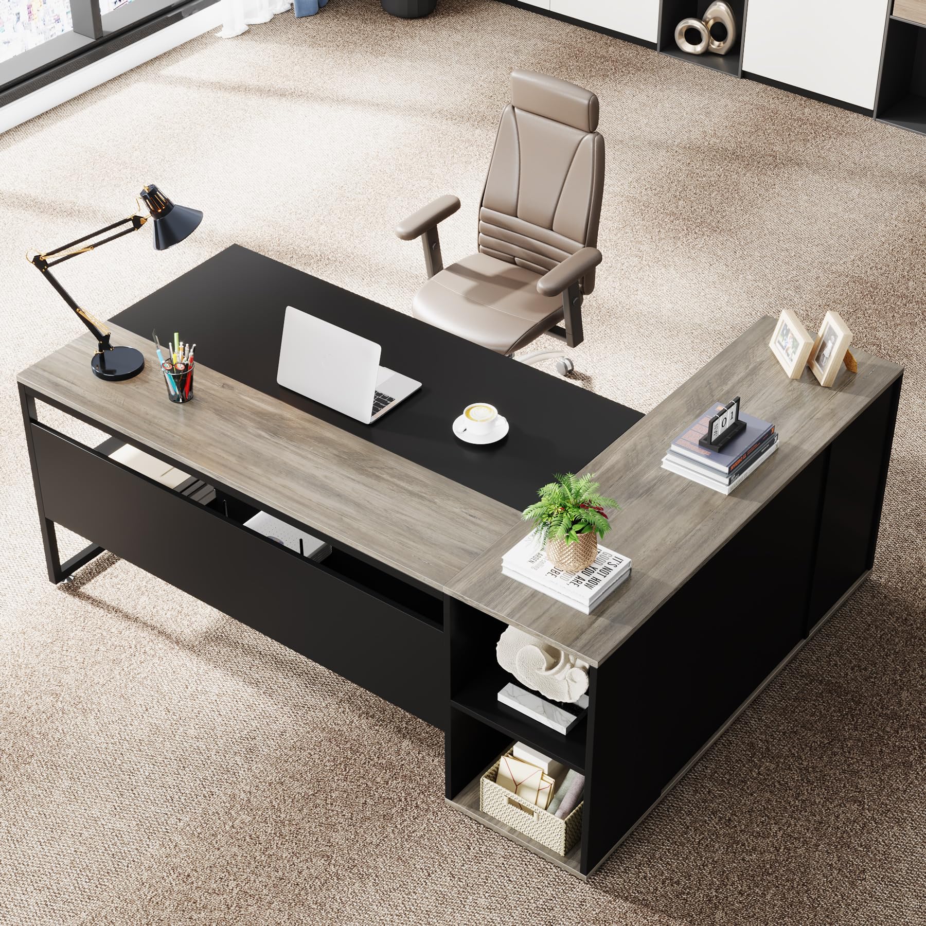 Tribesigns 71 Inch L-Shaped Executive Desk with Cabinet Storage & Shelves - Modern Home Office Workstation for Business & Remote Work (Gray) | Perfect for Small Spaces & Productivity Setup