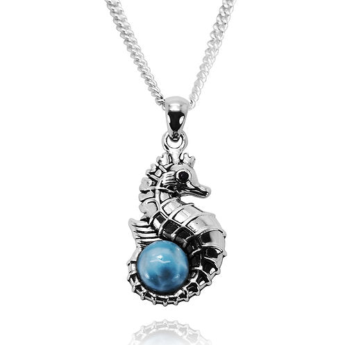 Caribbean Larimar Seahorse Pendant Necklace - Handmade Sterling Silver Jewelry - Perfect for Beach Vacations & Boho Fashion