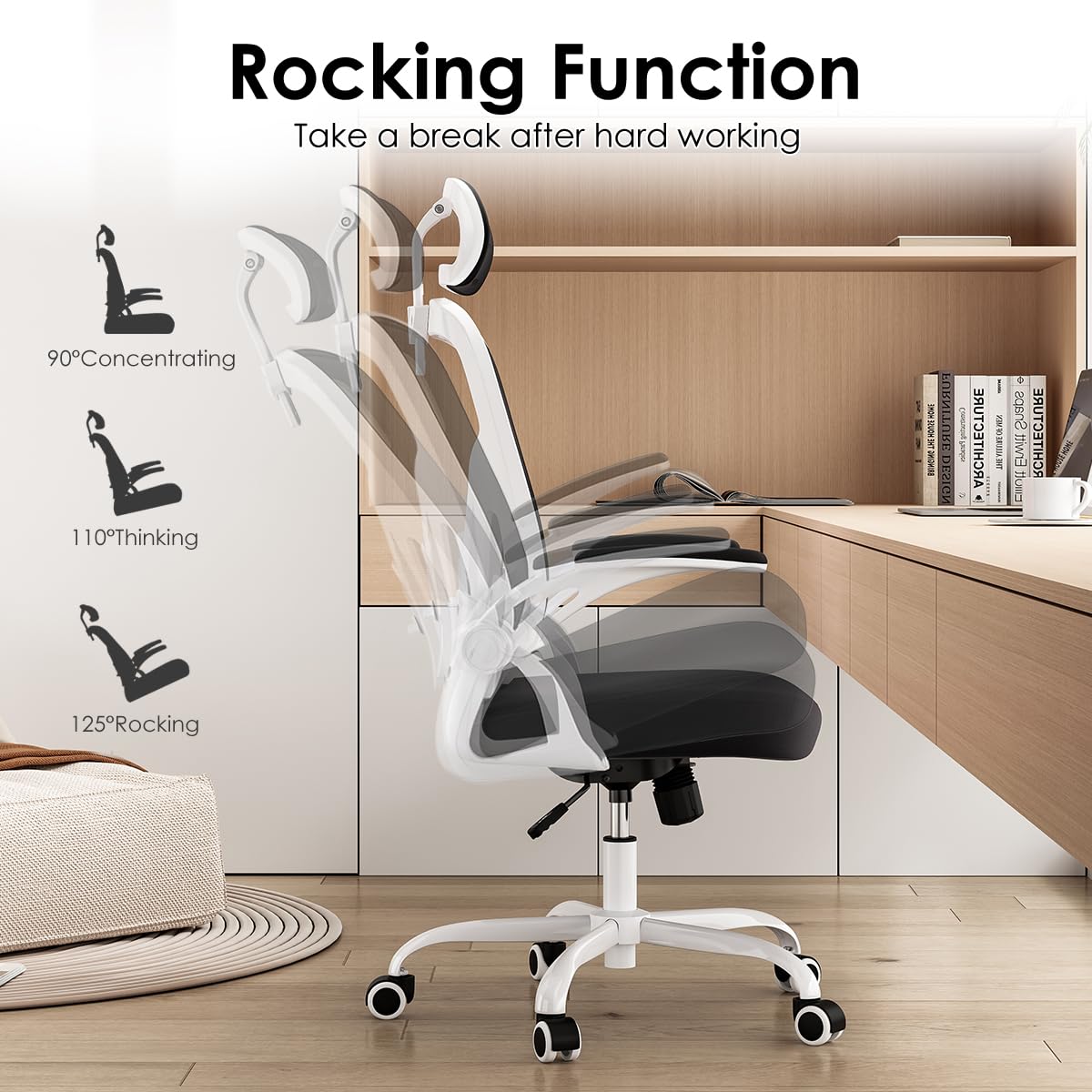 Farini Ergonomic Office Chair - Adjustable High Back Computer Desk Chair with Headrest, Lumbar Support & Flip-Up Armrests for Home Office, Study, Bedroom (White/Black) - Perfect for Long Work Hours, Gaming & Remote Work