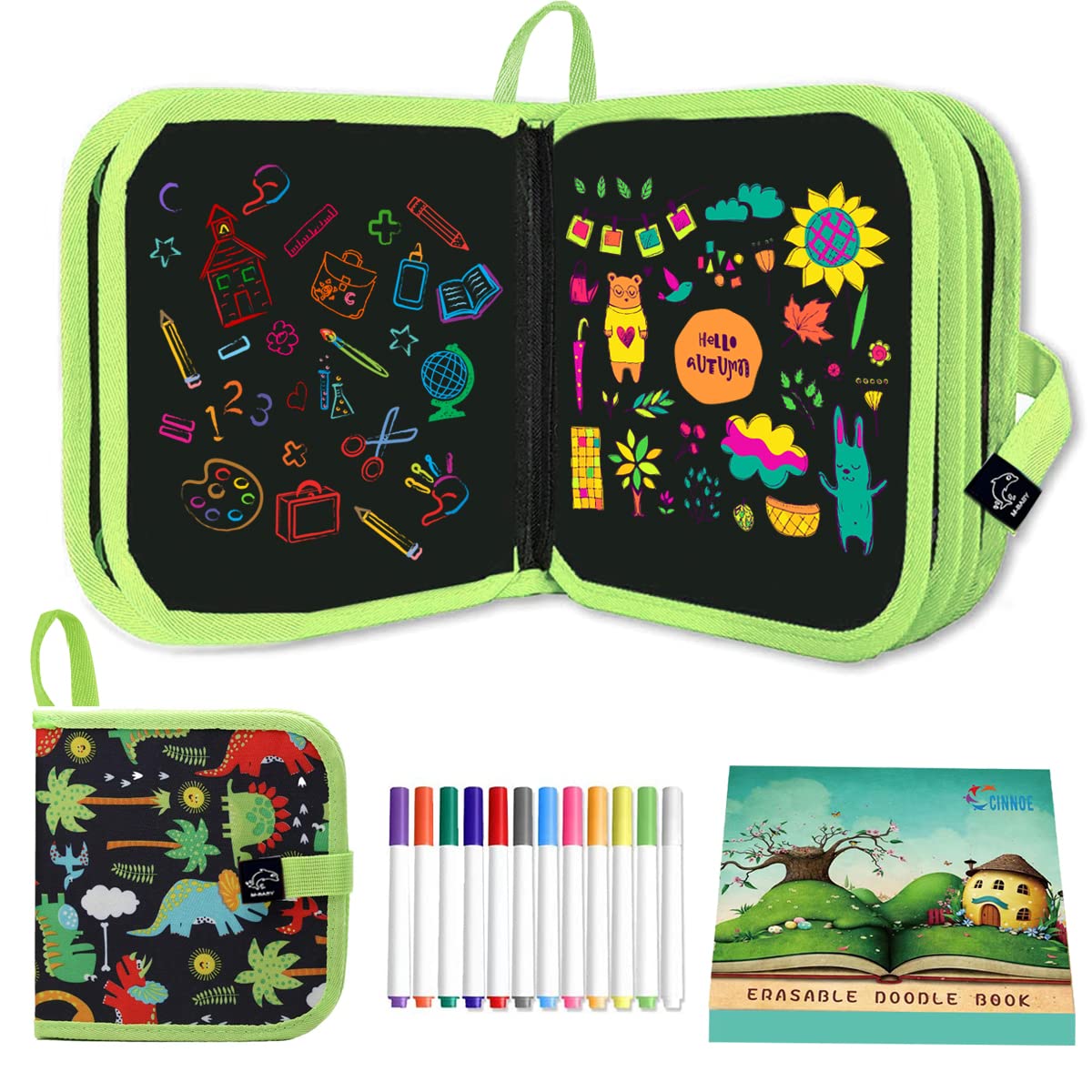 Reusable Erasable Doodle Book for Kids & Toddlers - 12 Watercolor Pens Included | Travel Drawing Pad, Preschool Learning Activity Toy | Perfect for Road Trips, Airplane Rides & Home Art Play