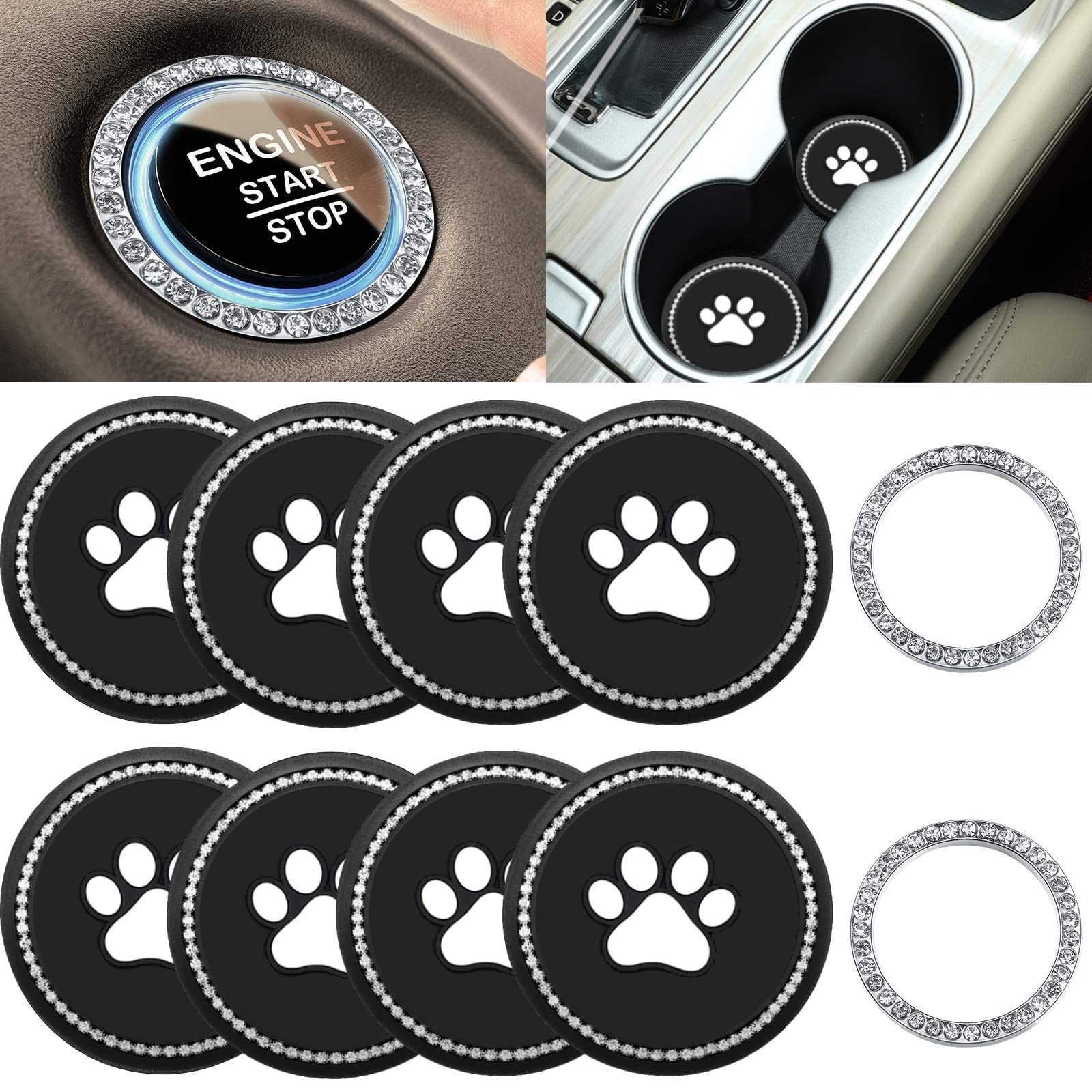 Frienda Dog Paw Silicone Car Cup Holder with Crystal Rhinestones, Anti-Slip Mats, Bling Emblem Stickers for Cars, Trucks, RVs – Perfect for Road Trips, Commuting, and Stylish Interior Upgrades