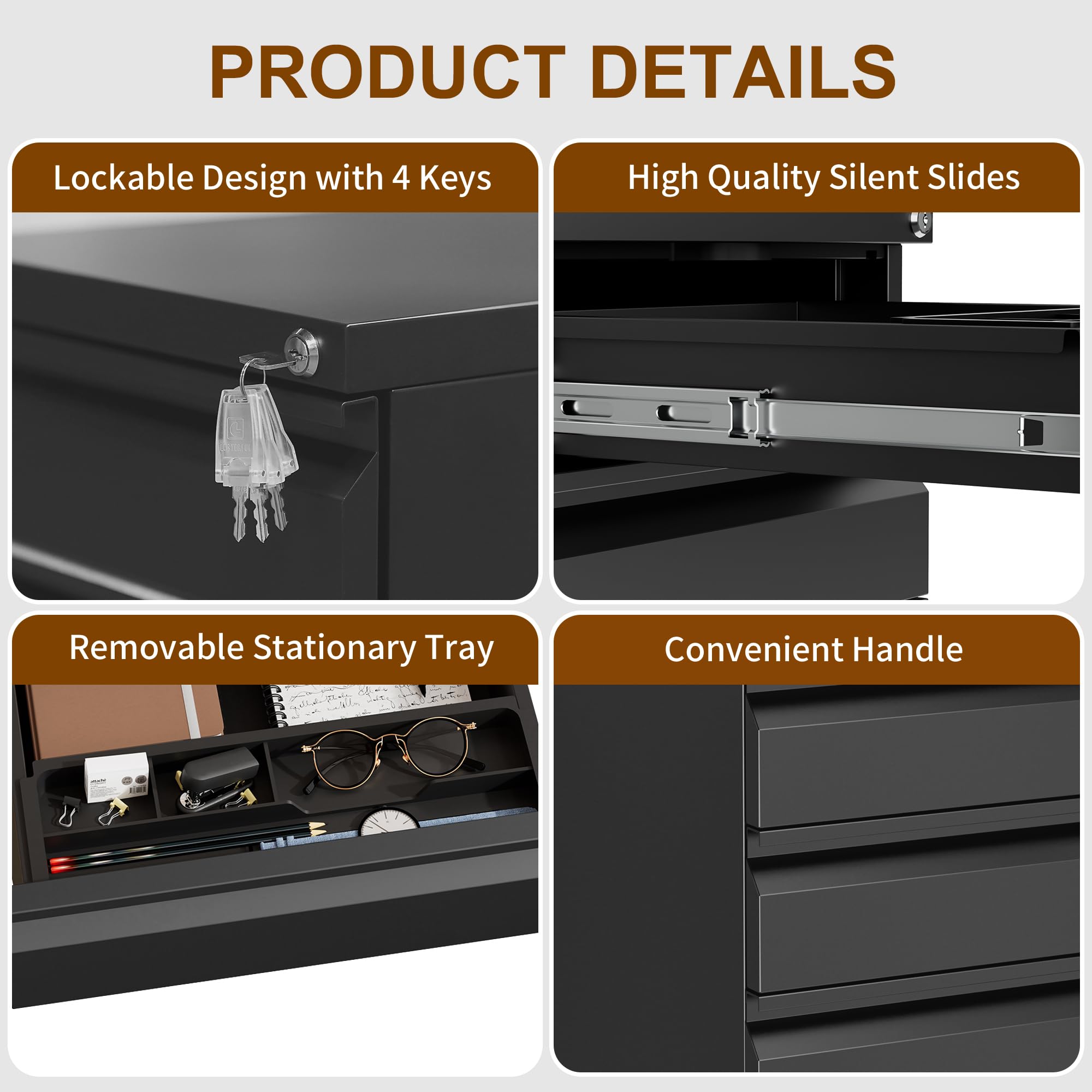 3-Drawer Slim Metal File Cabinet with Lock - Mobile Office Storage for A4, Letter & Legal Folders - Fully Assembled Black Filing Cabinet for Home & Office Organization