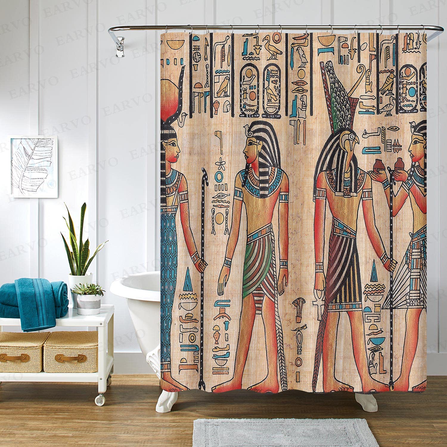 EARVO Egyptian Hieroglyphics Shower Curtain - 71x72 Inches Vintage African Bathroom Decor with 12 Hooks - Perfect for Themed Bathrooms, Egyptian Culture Enthusiasts & Unique Home Decor