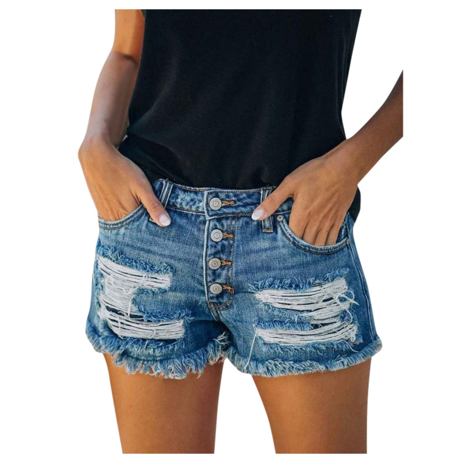 POTO Women's Ripped Denim Shorts with Tassel Hem & Drawstring Waist - Summer Beach Outfits