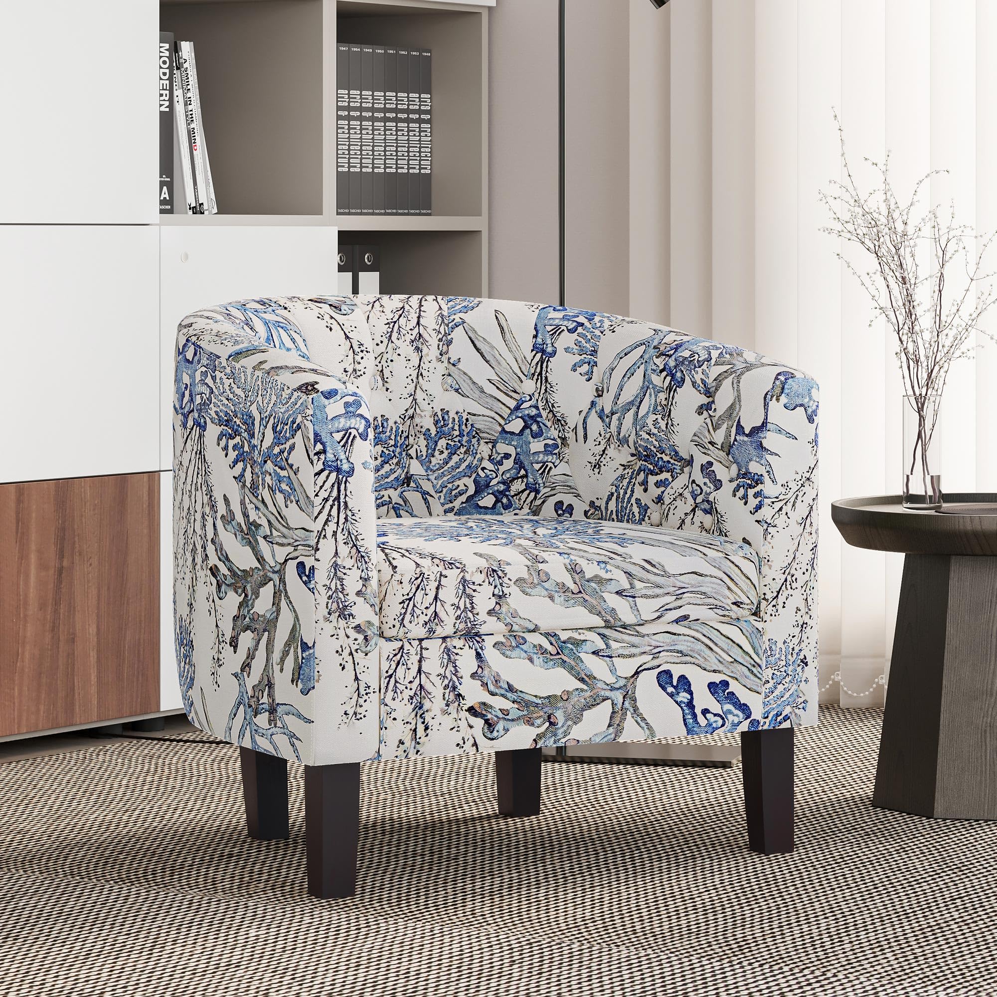 BELLEZE Accent Chairs Set of 2, Elegant Upholstered Tufted Barrel Armchairs with Sturdy Legs - Blue Coral Linen Fabric, Perfect for Living Room, Bedroom & Home Office Decor