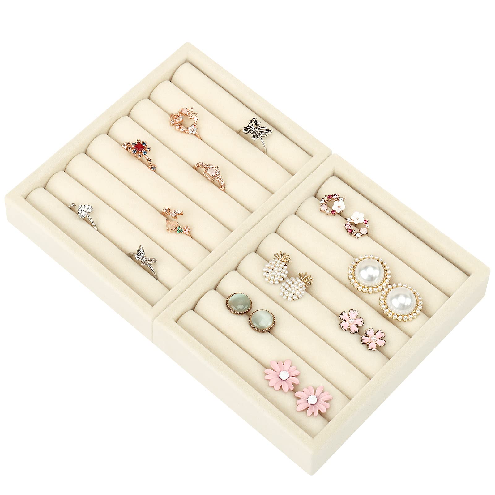 2-Piece Premium Velvet Jewelry Tray Organizer - Ring & Earring Display Holder with 8 Slots for Jewelry Box, Drawer, Dresser (Beige) | Perfect for Travel, Wedding Accessories & Vanity Organization
