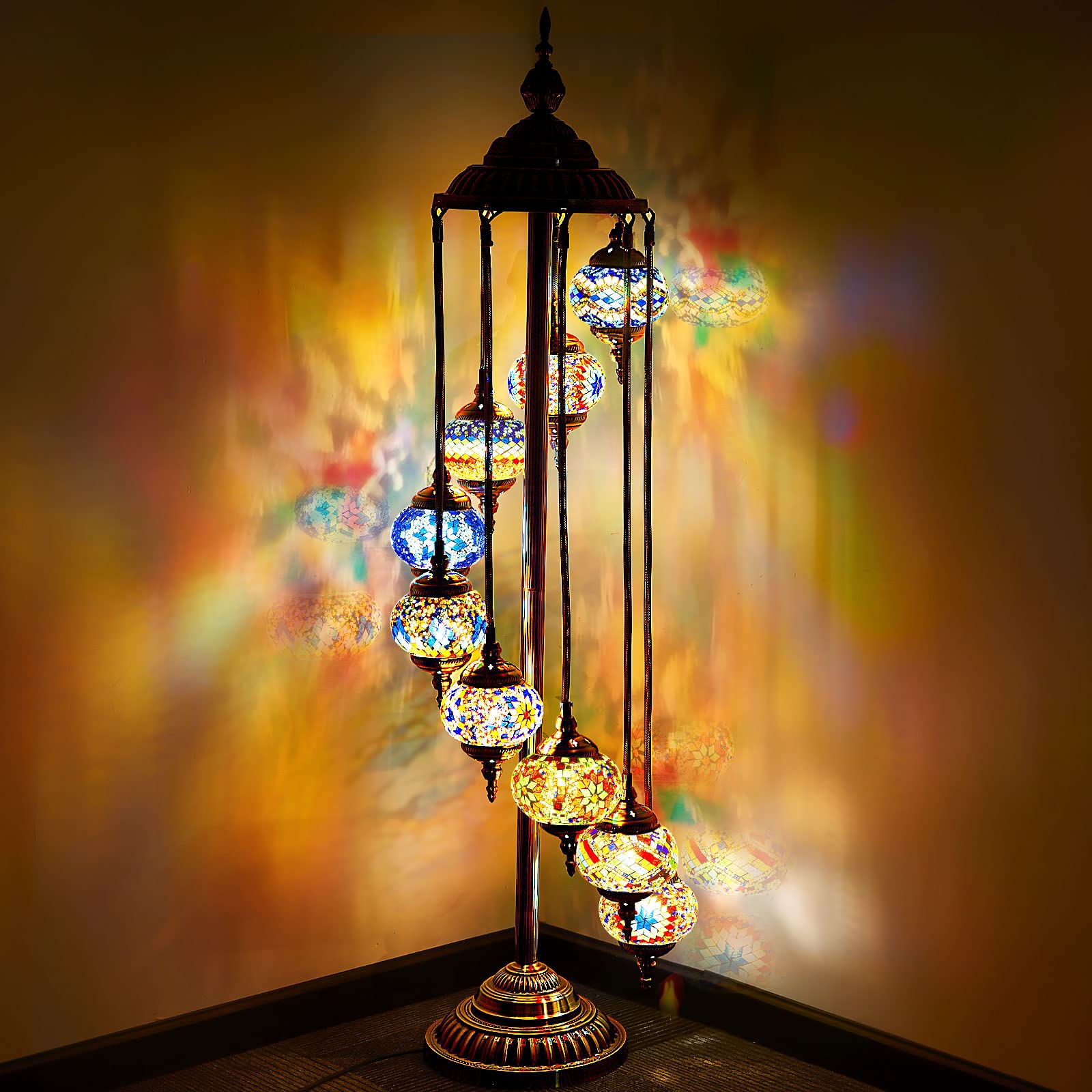 Stylish Hortsun Turkish Moroccan Floor Lamp with 9 Globe Design - Handcrafted Decorative Lighting for Living Room, Bedroom & Office - Perfect for Boho, Vintage & Modern Home Decor