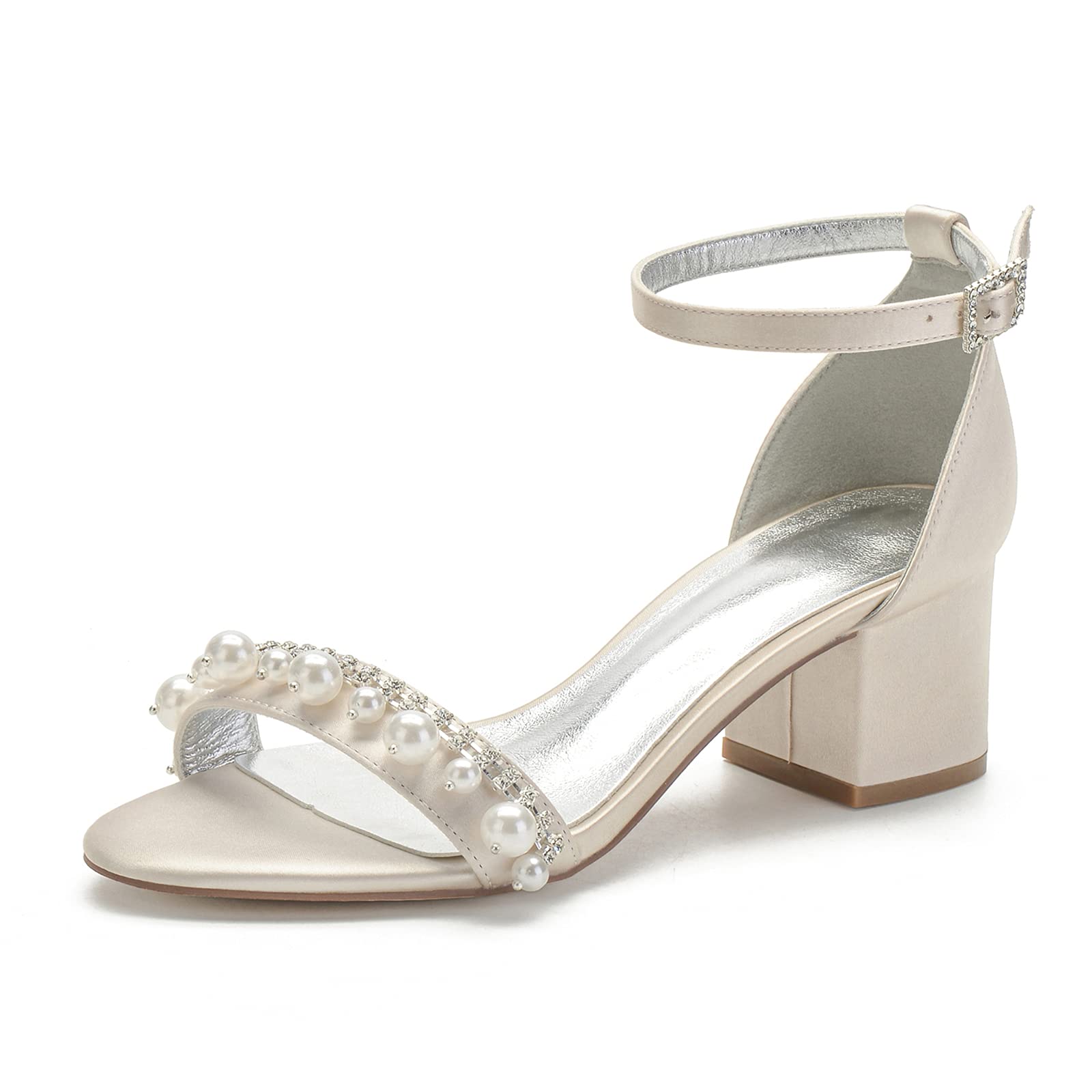 Women's Low Block Heel Sandals - Peep Toe Satin Wedding Shoes with Pearl Ankle Strap | Comfortable Summer Bridal Shoes for Weddings, Parties & Special Occasions