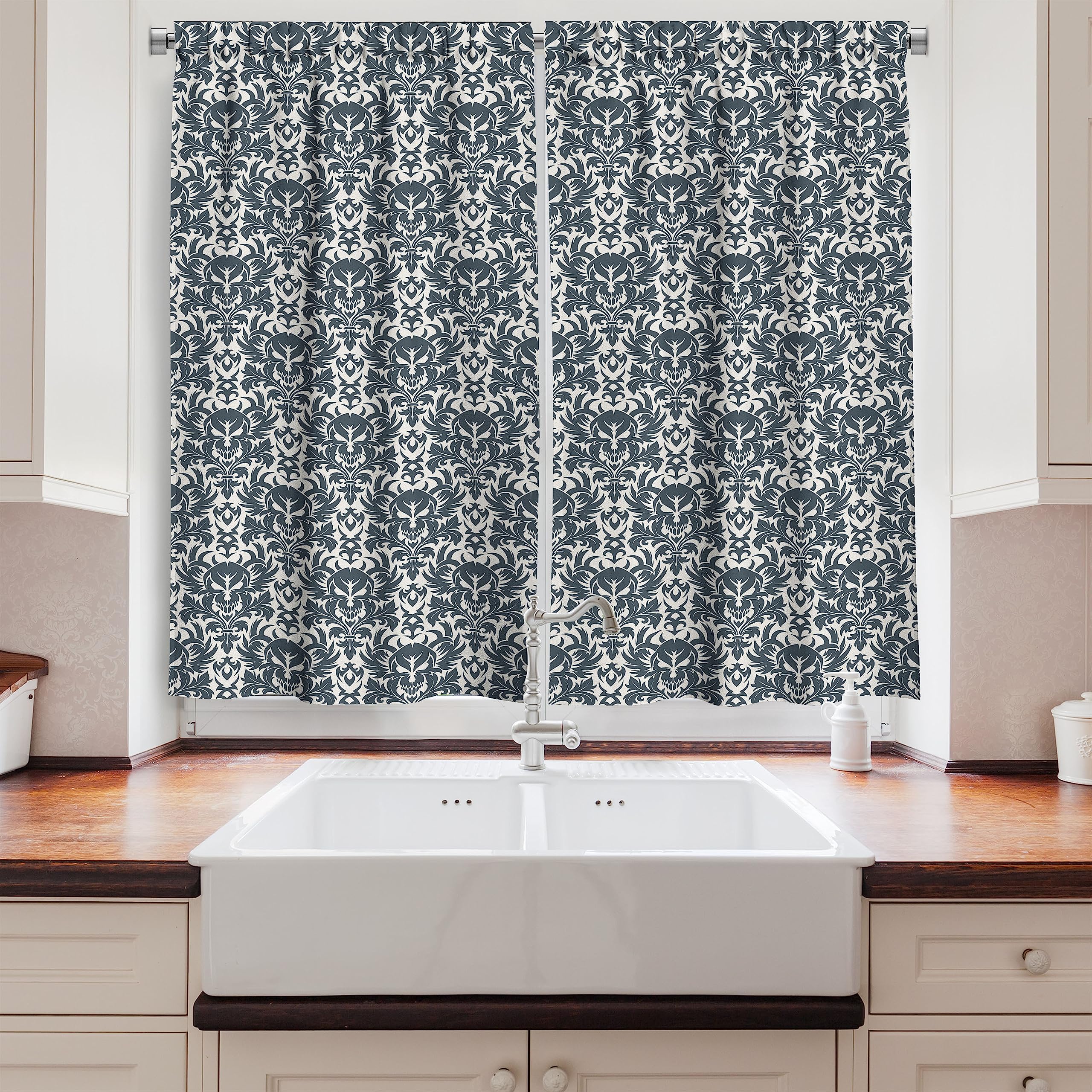 Ambesonne Gothic Skull Kitchen Curtains - Victorian Baroque Floral Skull Print, 2 Panel Rod Pocket Drapes, 55x45 Inches, Charcoal Grey & White - Perfect for Halloween Decor, Gothic Home Decor, and Dark Themed Dining Rooms