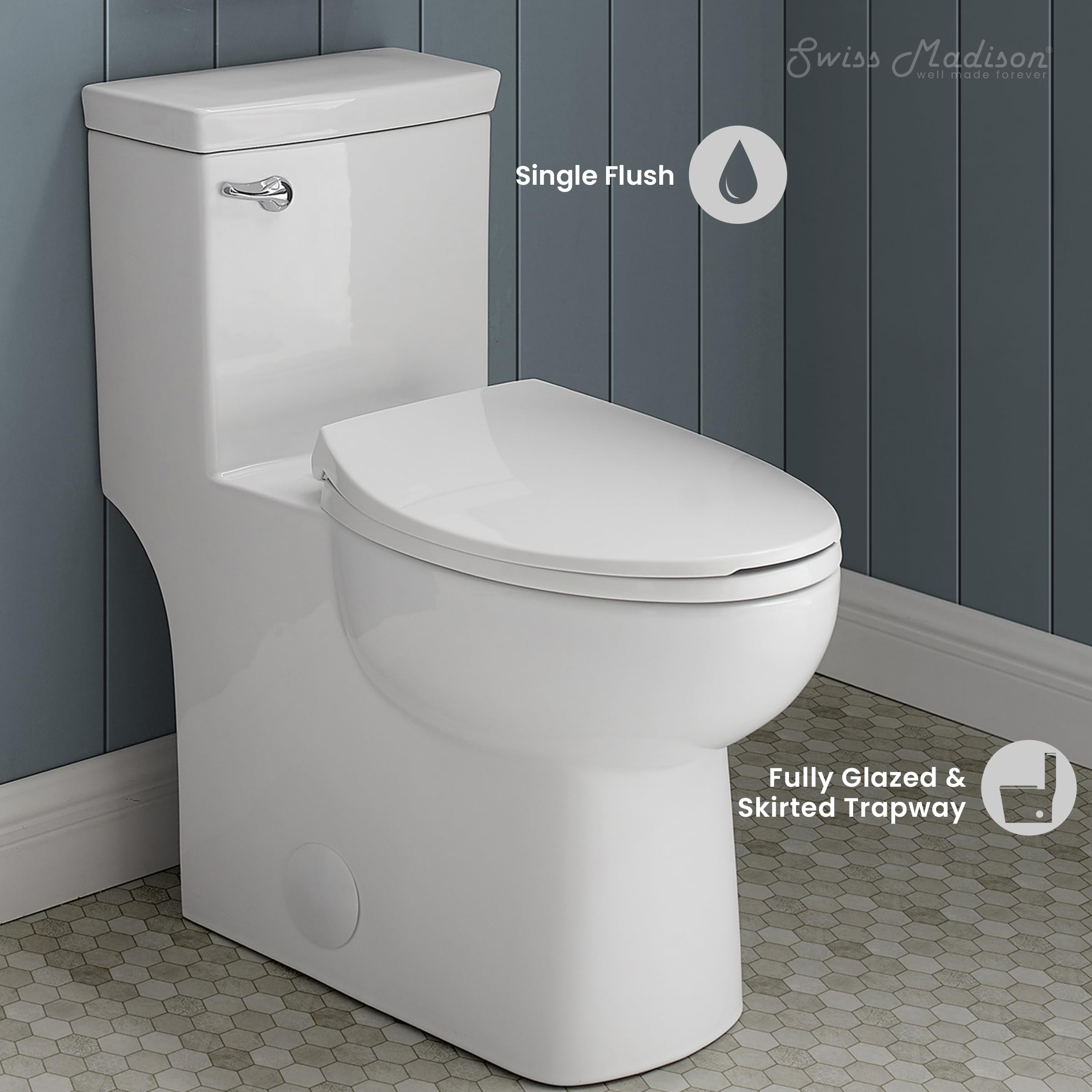 Swiss Madison SM-1T116 Classe One Piece Toilet - 1.28 GPF Water Efficient, Front Flush Handle, Glossy White - Perfect for Modern Bathrooms & Small Spaces