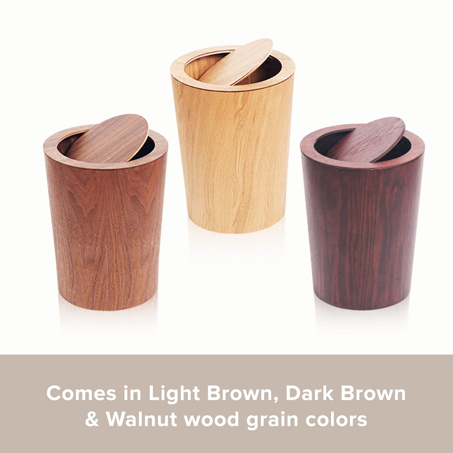 Modern Round Trash Can with Lid - Wood Grain Waste Basket in Walnut - 9.25